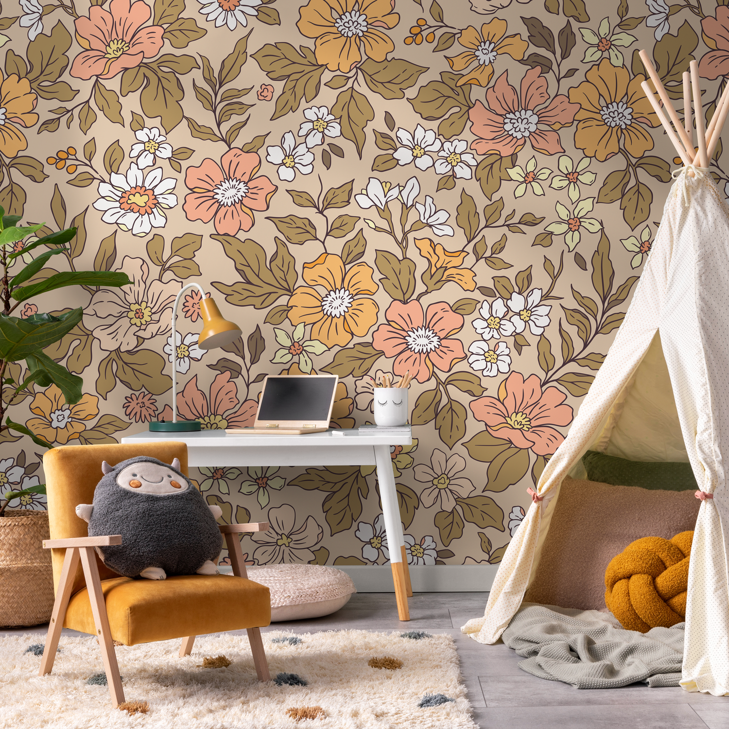 Vintage Floral Wallpaper with a Retro Meadow Design in Yellow, Pink, and Green - ZACD