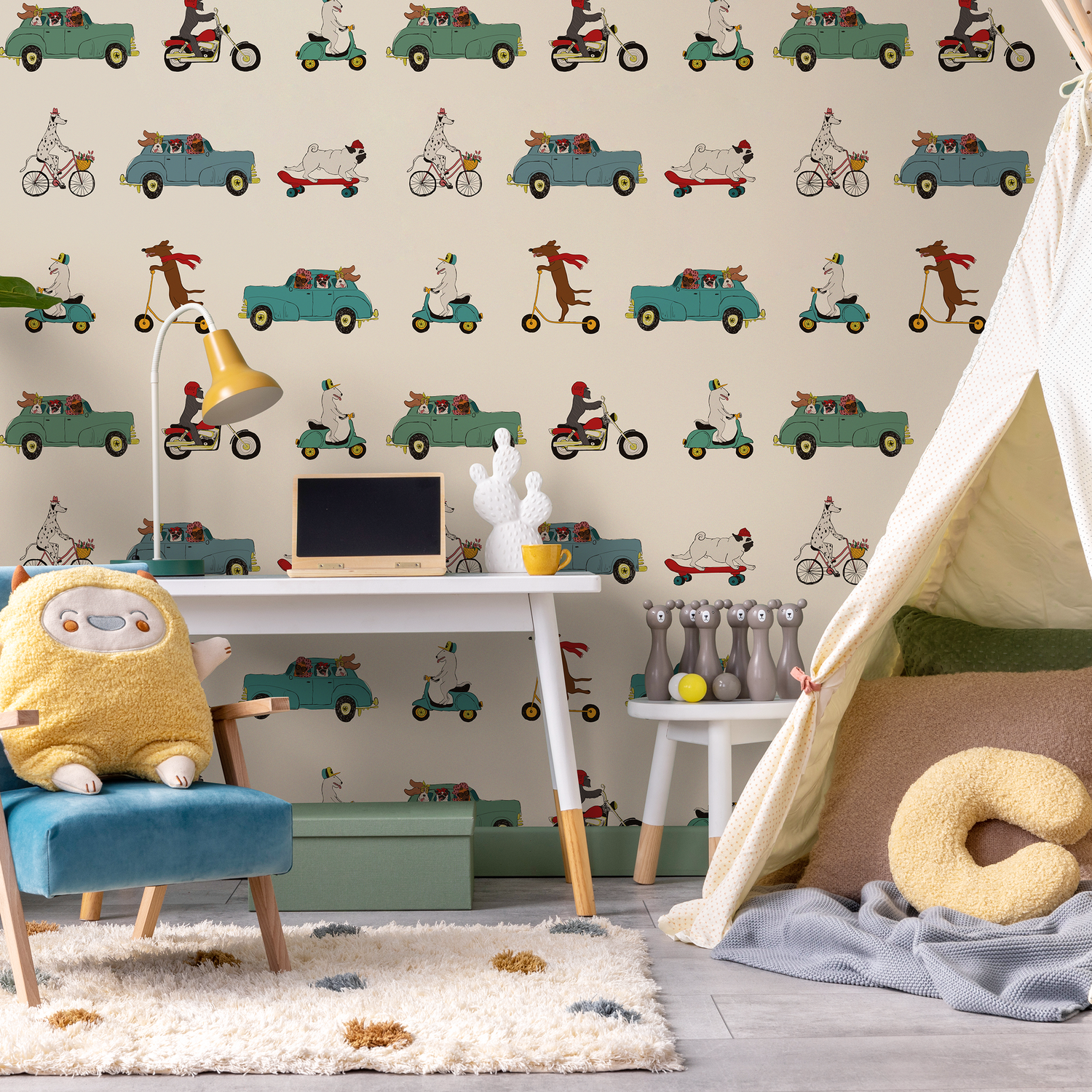 Animal Wallpaper Featuring Dogs in Cars and Scooters in Teal and Red - ZACE
