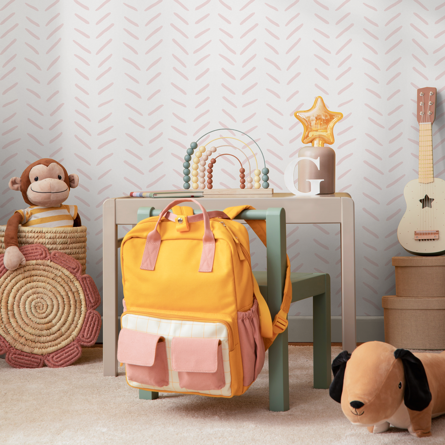 Boho Wallpaper with a Hand-Drawn Herringbone in Soft Pink - ZACI