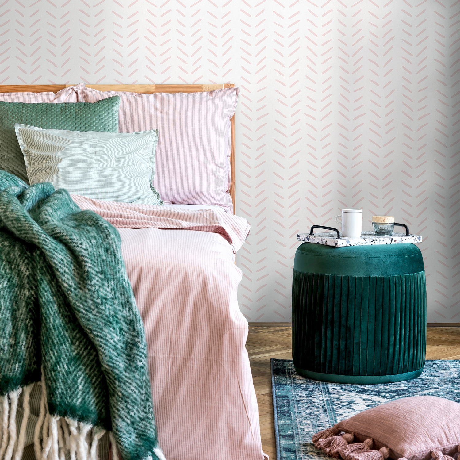 Boho Wallpaper with a Hand-Drawn Herringbone in Soft Pink - ZACI