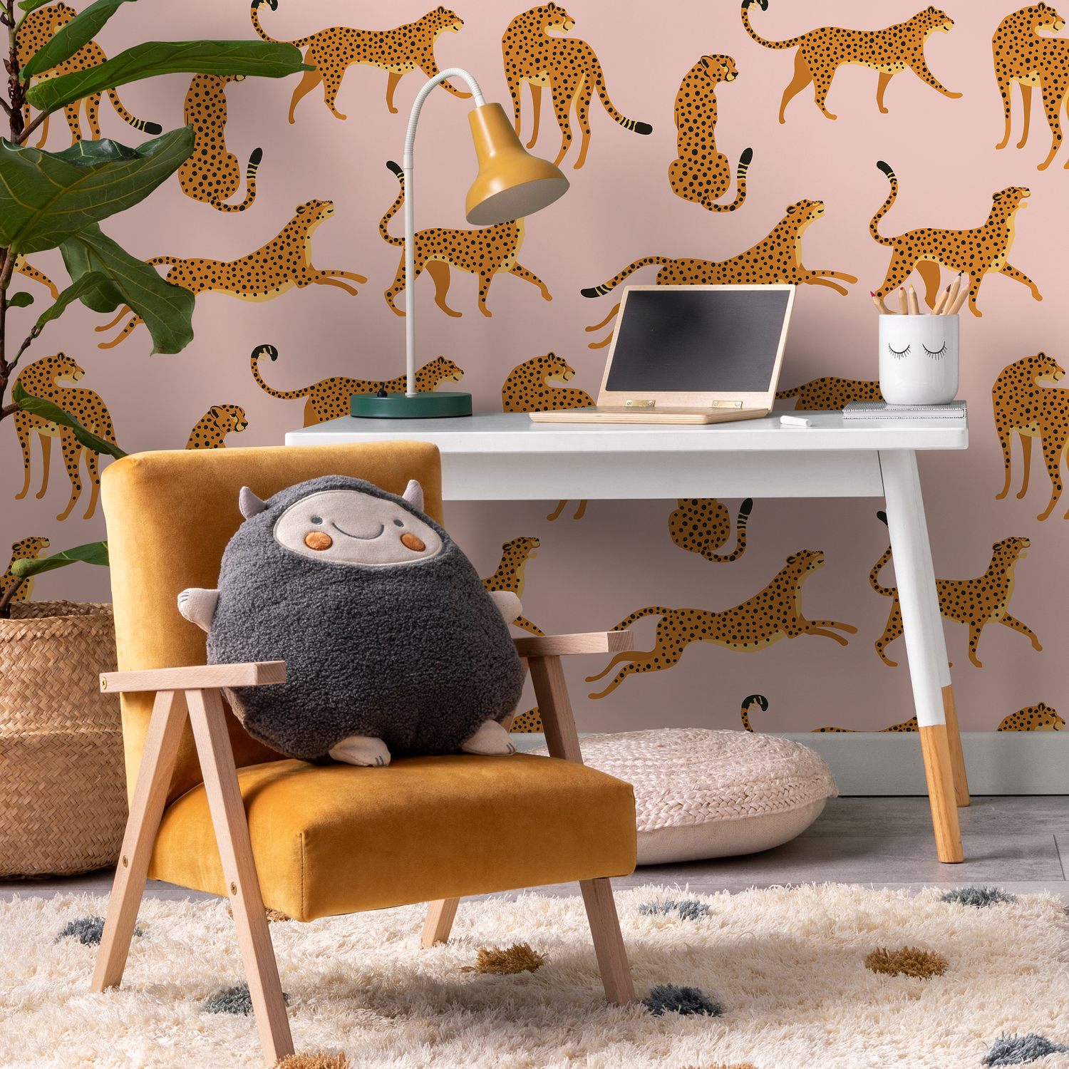 Boho Wallpaper with a Cheetah Print in Pink, Yellow, and Black - ZACM