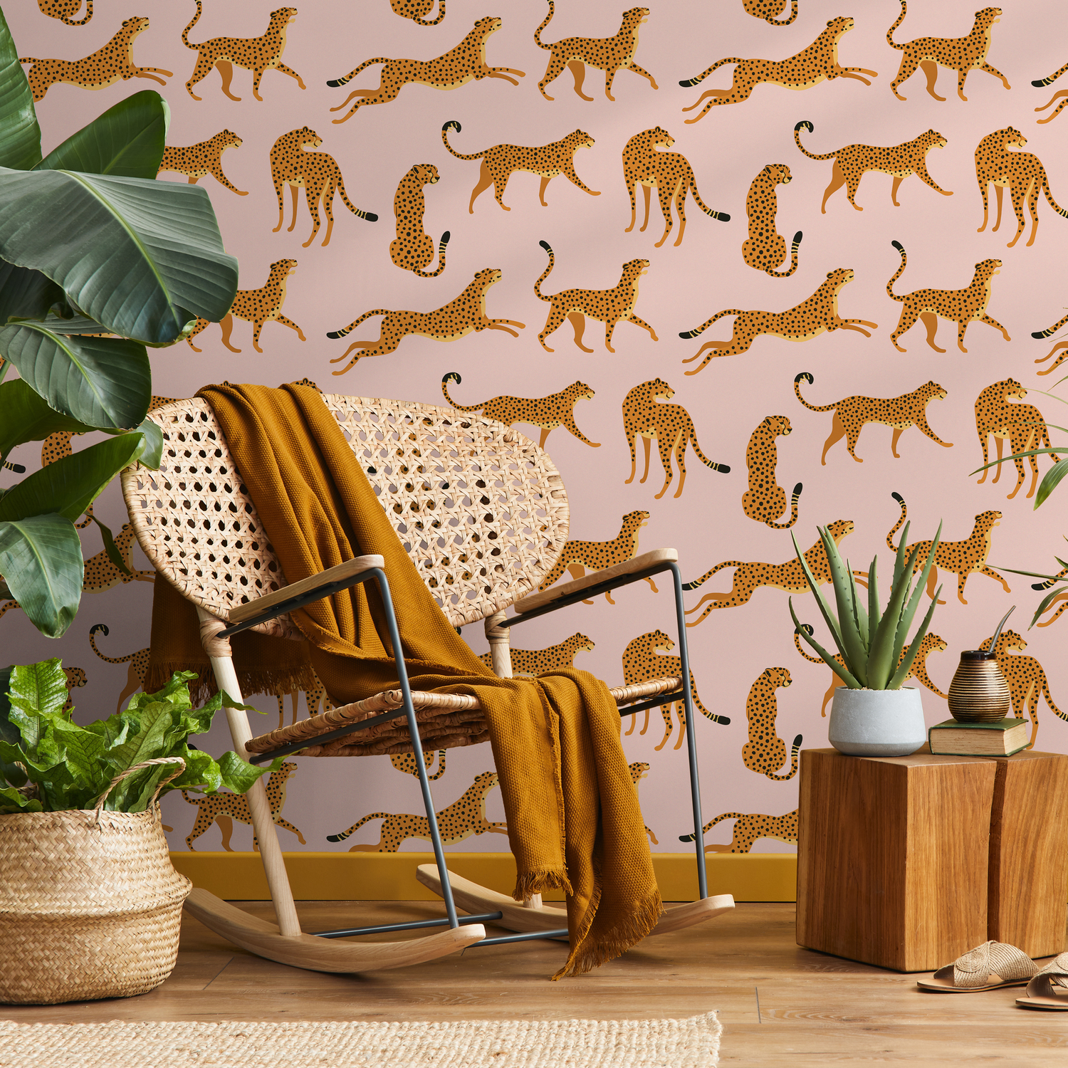 Boho Wallpaper with a Cheetah Print in Pink, Yellow, and Black - ZACM