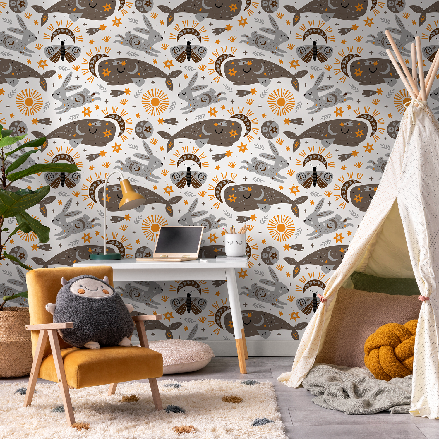Papel pintado místico y celestial, papel pintado autoadhesivo desprendible, papel pintado autoadhesivo de conejo y ballena - ZACP