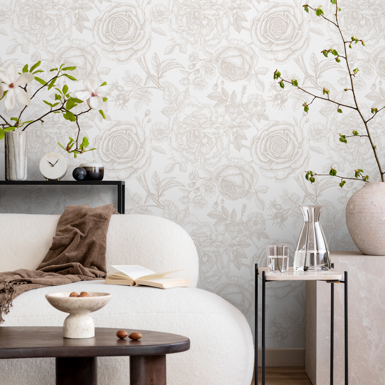 Floral Wallpaper with Detailed Roses and Peonies in Neutral Beige - ZACY