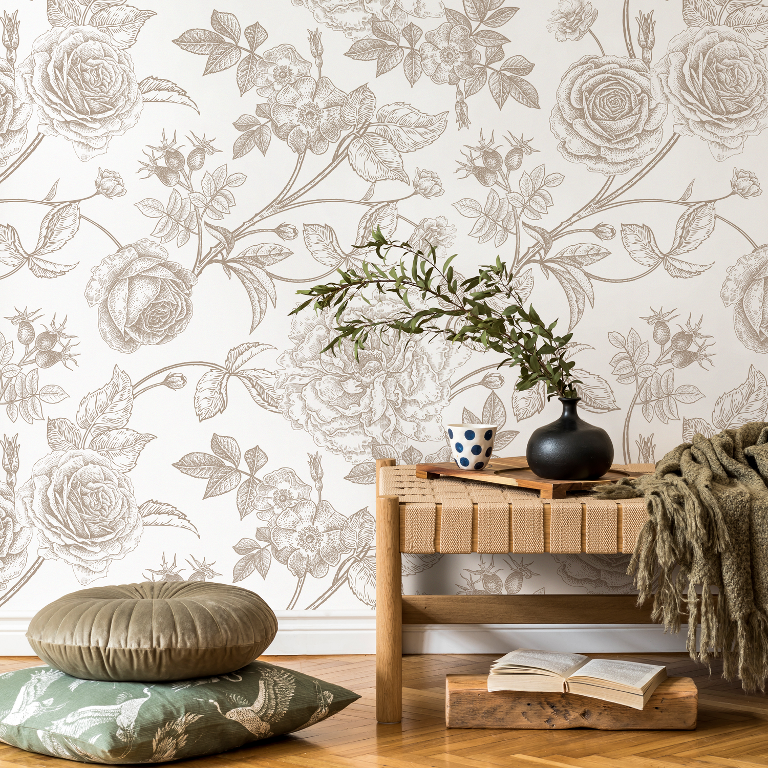 Floral Wallpaper with Vintage Roses and Peonies in Taupe Brown - ZACZ