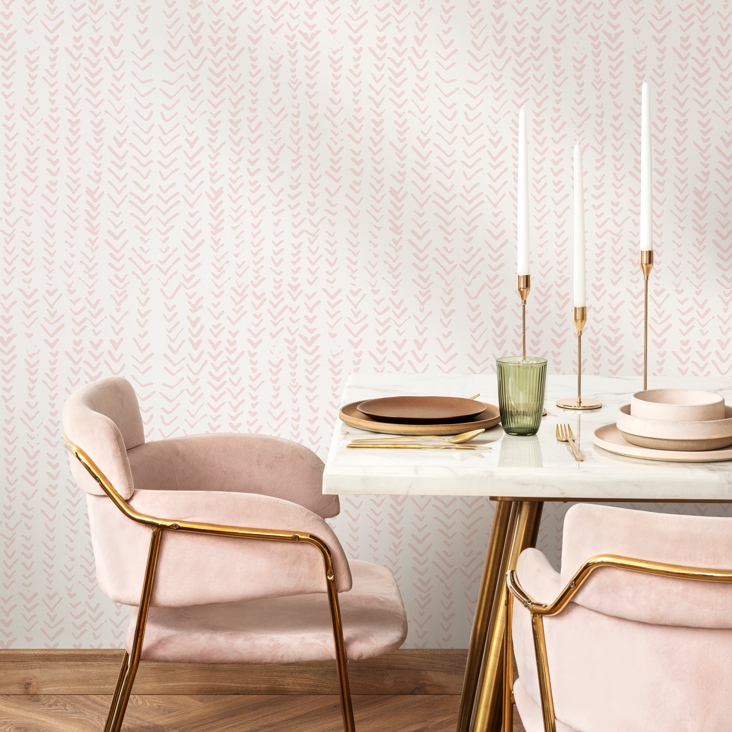 Boho Wallpaper with a Hand-Drawn Herringbone Motif in Soft Pink - ZADC