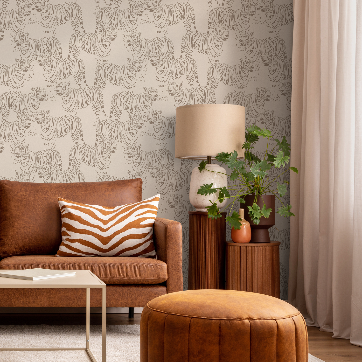 Papel pintado bohemio con tigre neutro, despegable y adhesivo, con estampado animal, reposicionable y adhesivo - ZADH