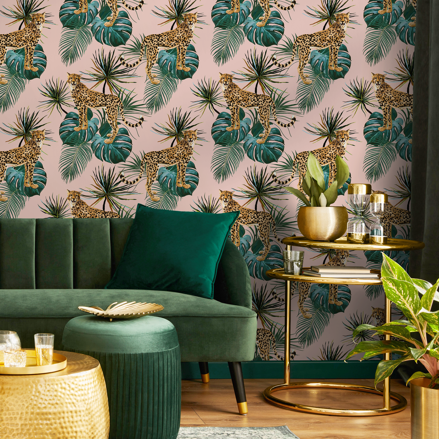 Animal Wallpaper with Cheetahs and Tropical Leaves in Pink and Green - ZADN