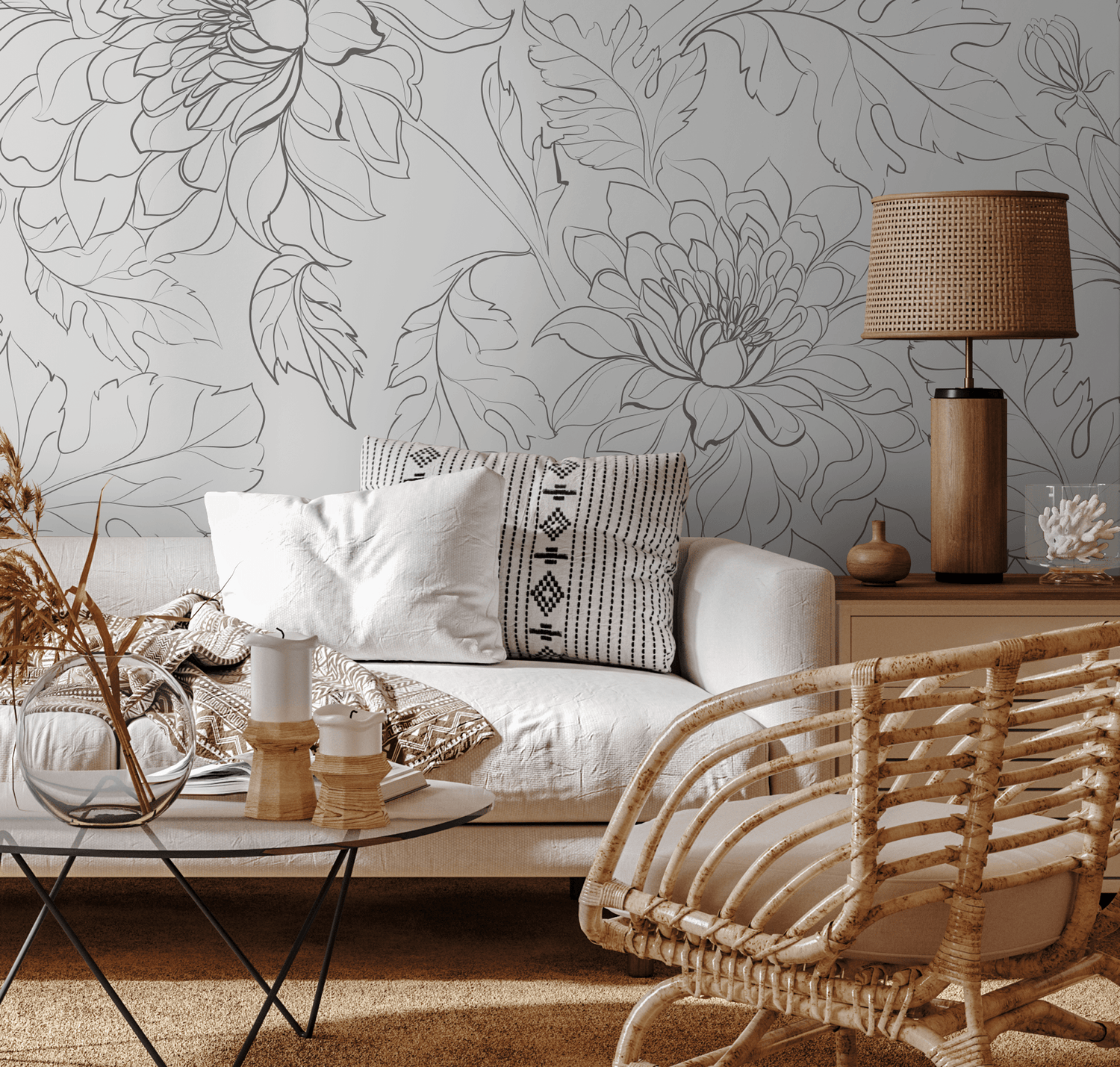 Floral Wallpaper with a Minimalist Peony Line Drawing in Gray - ZADO