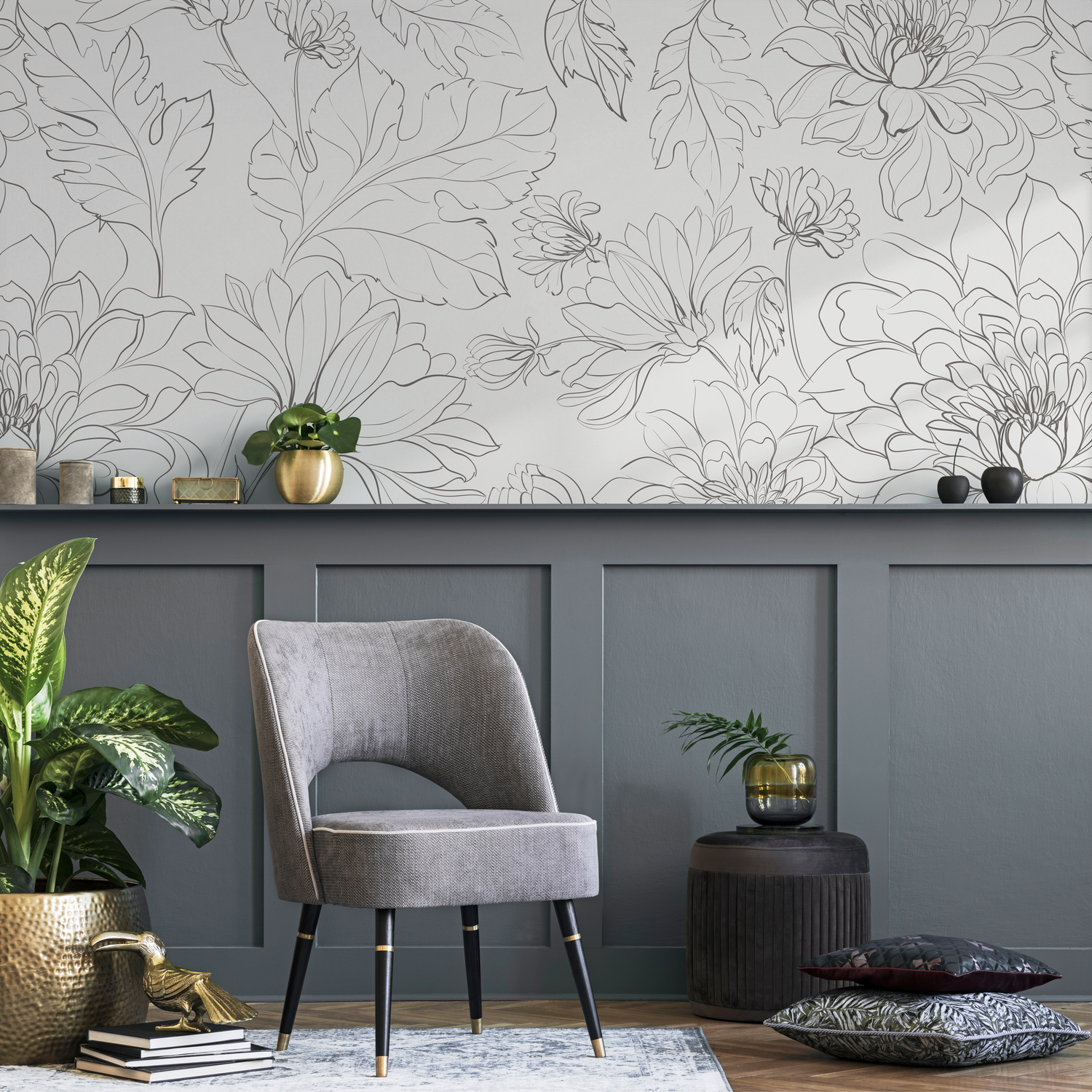 Floral Wallpaper with a Minimalist Peony Line Drawing in Gray - ZADO