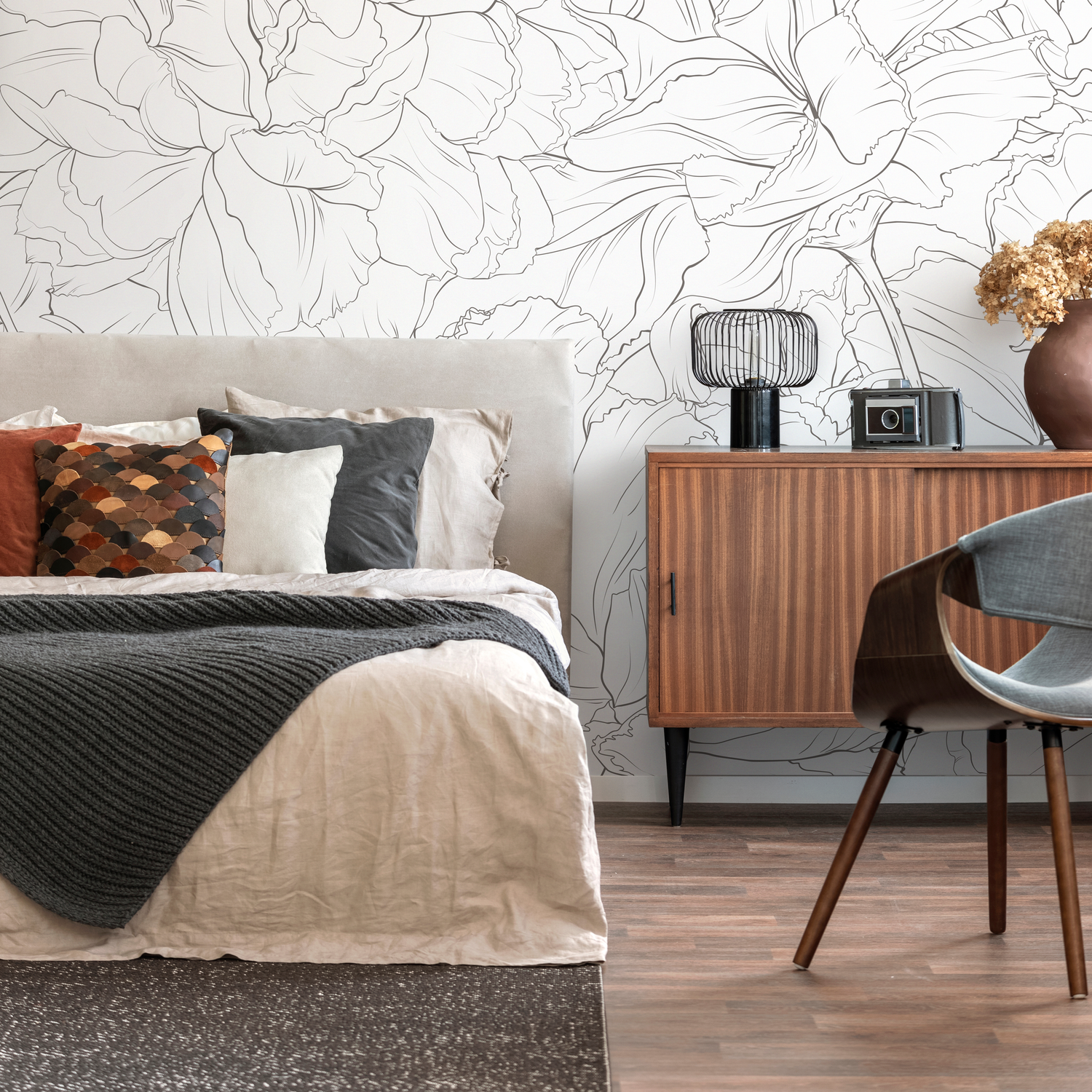 Mural minimalista de peonías, autoadhesivo, de gran formato, con diseño floral tradicional de peonías, prepegado o despegable - ZADT