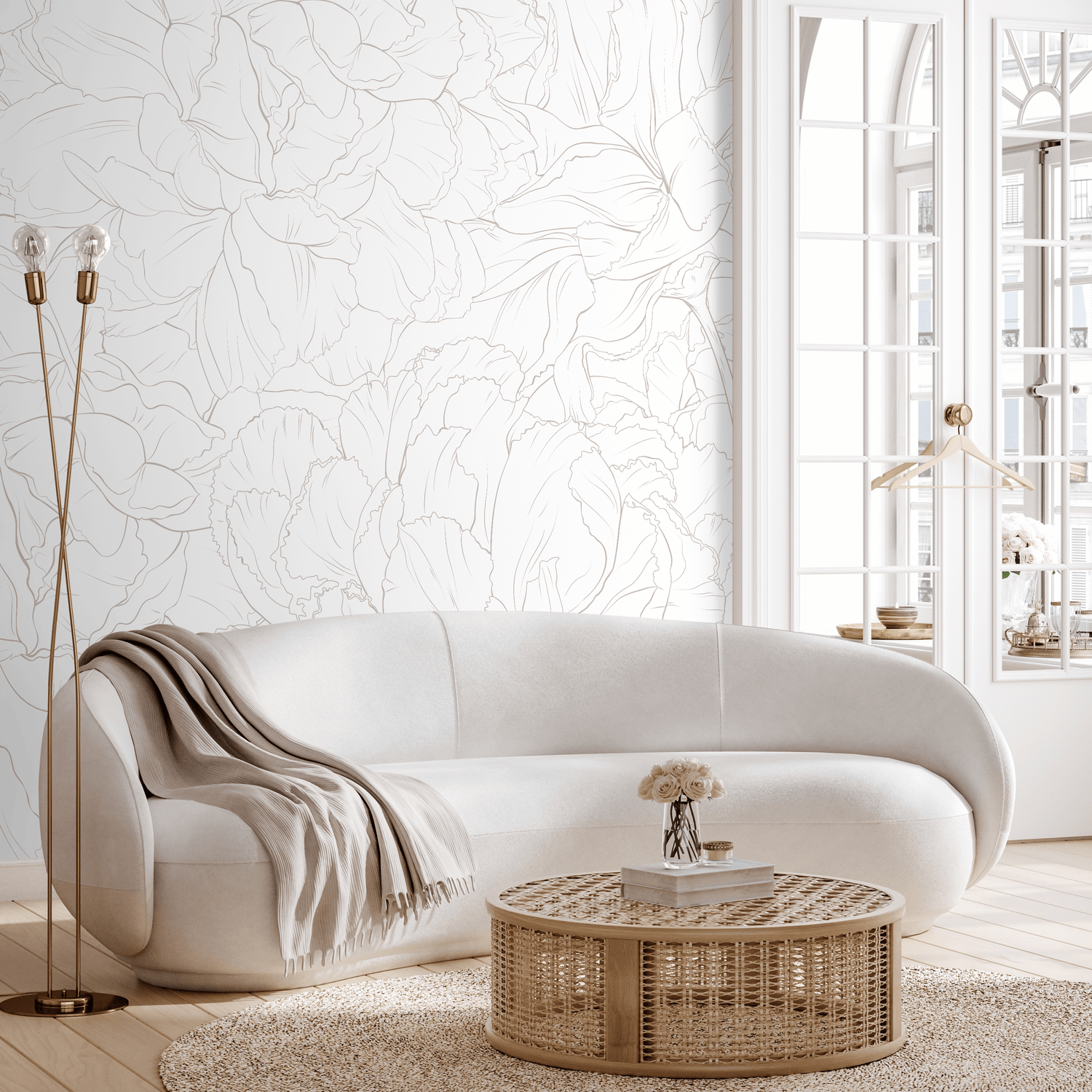 Floral Wallpaper Featuring a Minimalist Peony Outline in Taupe - ZADU