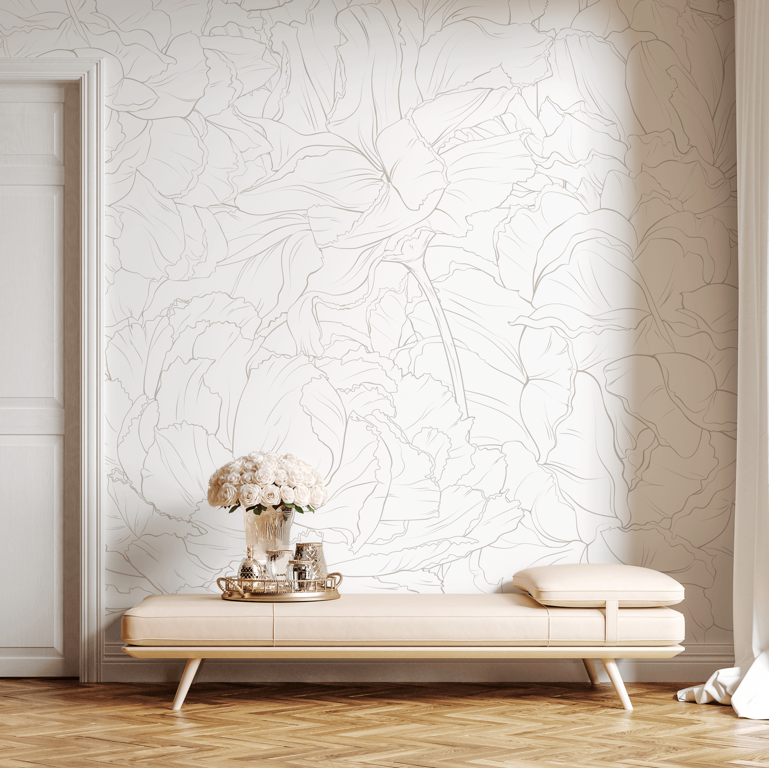 Floral Wallpaper Featuring a Minimalist Peony Outline in Taupe - ZADU