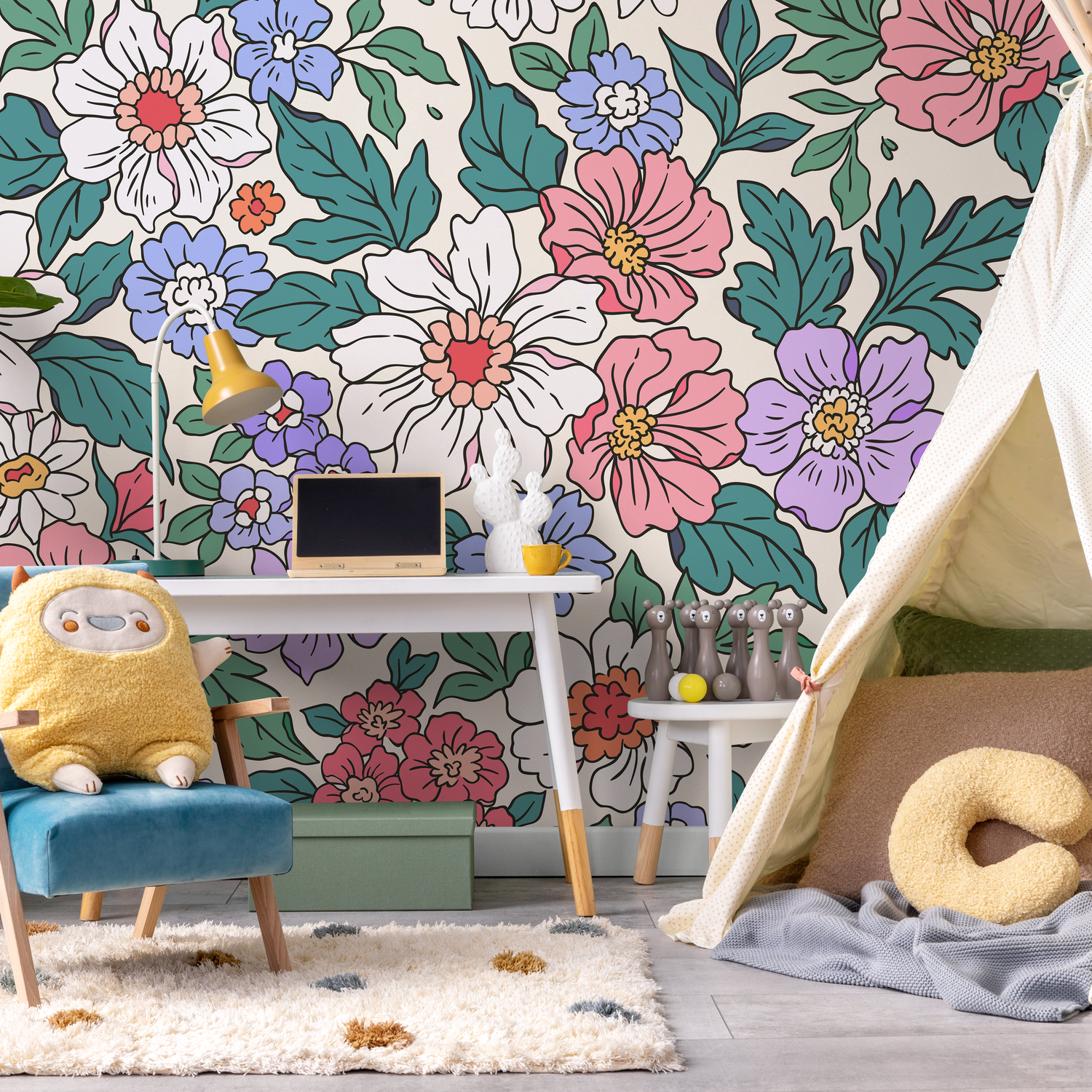Floral Wallpaper with Retro Style Blooms in Pink, Purple, and Green - ZADV