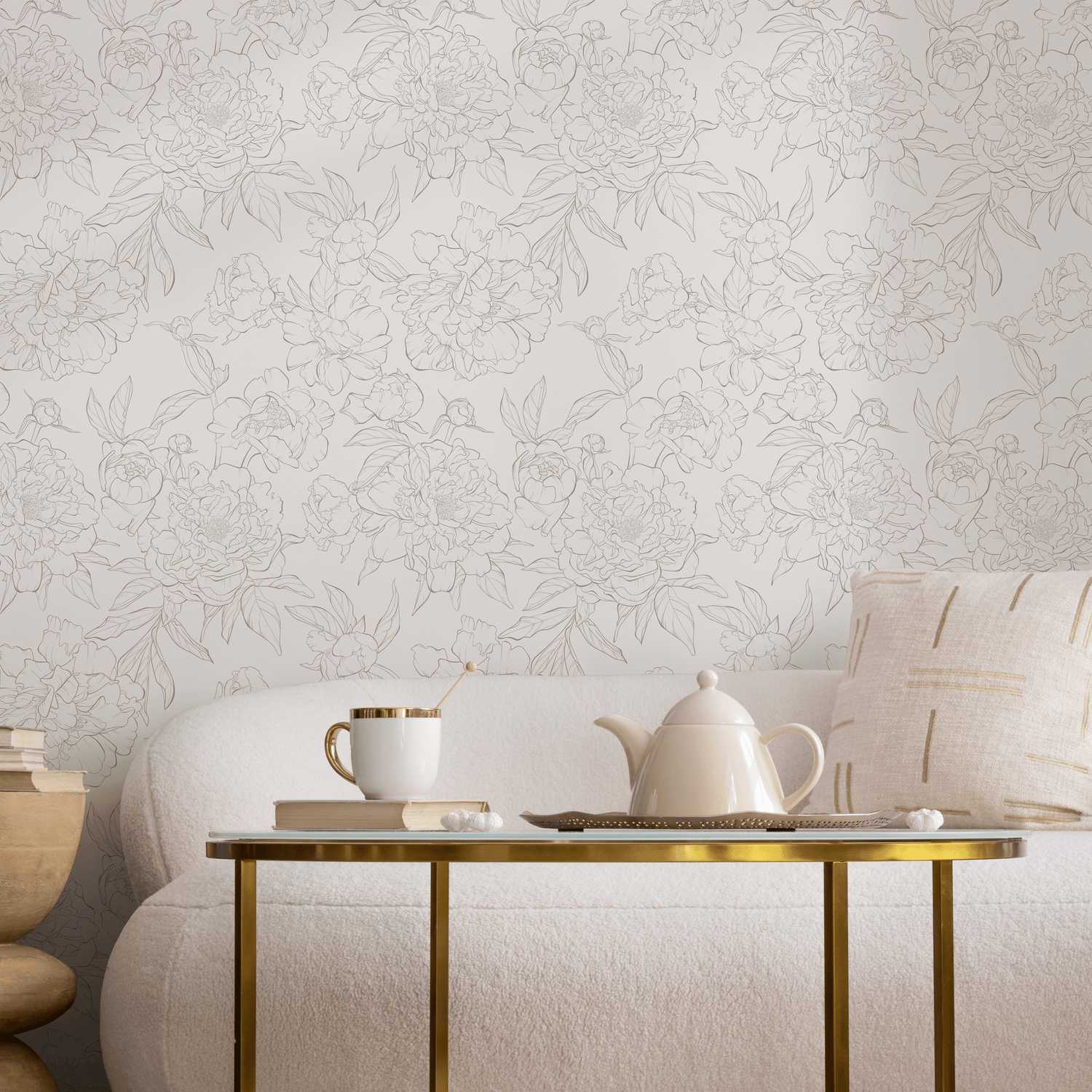 Floral Wallpaper with a Minimalist Peony Line Art in Brown and Cream - ZAEF