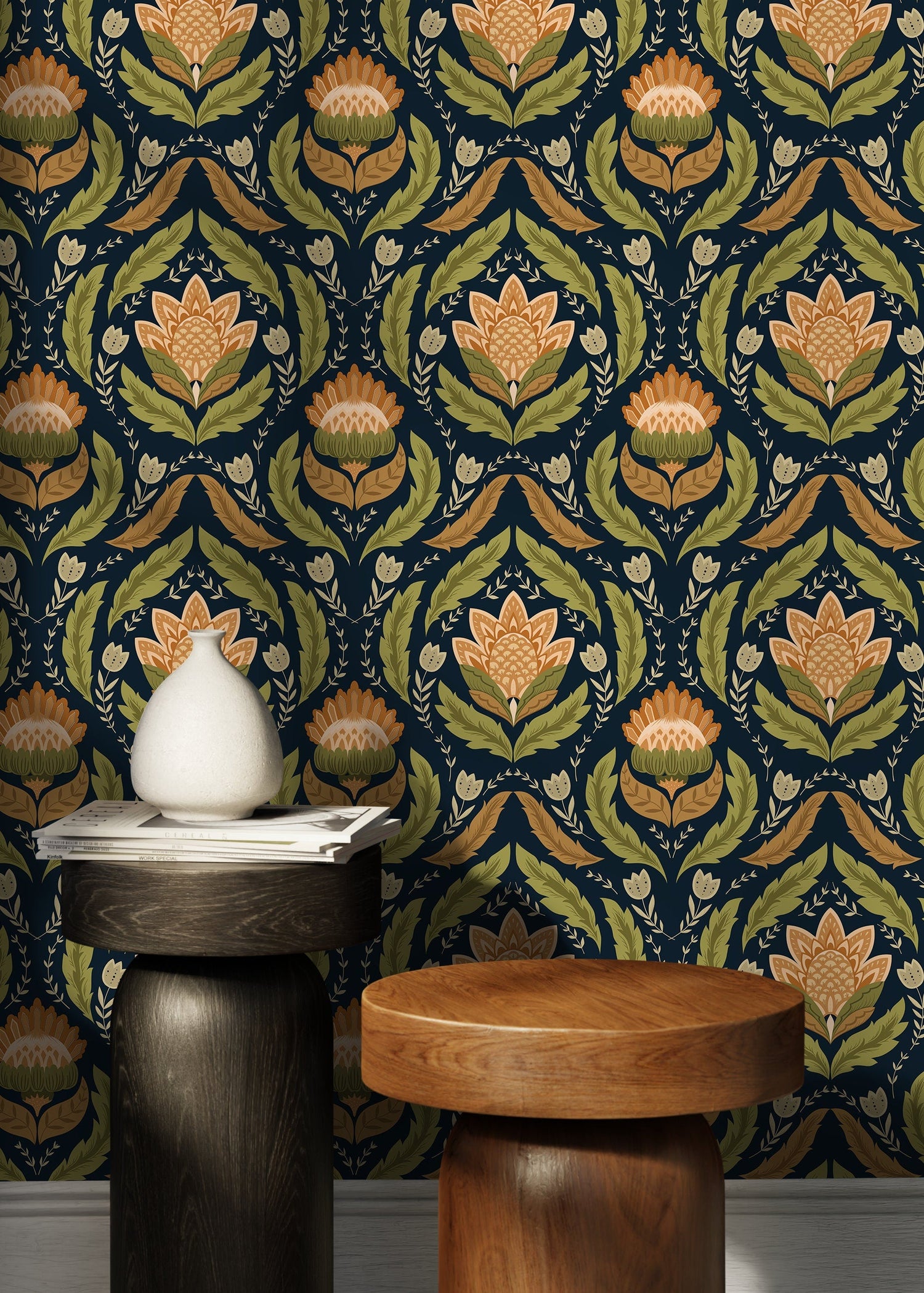Green Floral Vintage Wallpaper / Peel and Stick Wallpaper Removable Wallpaper Home Decor Wall Art Wall Decor Room Decor - D061
