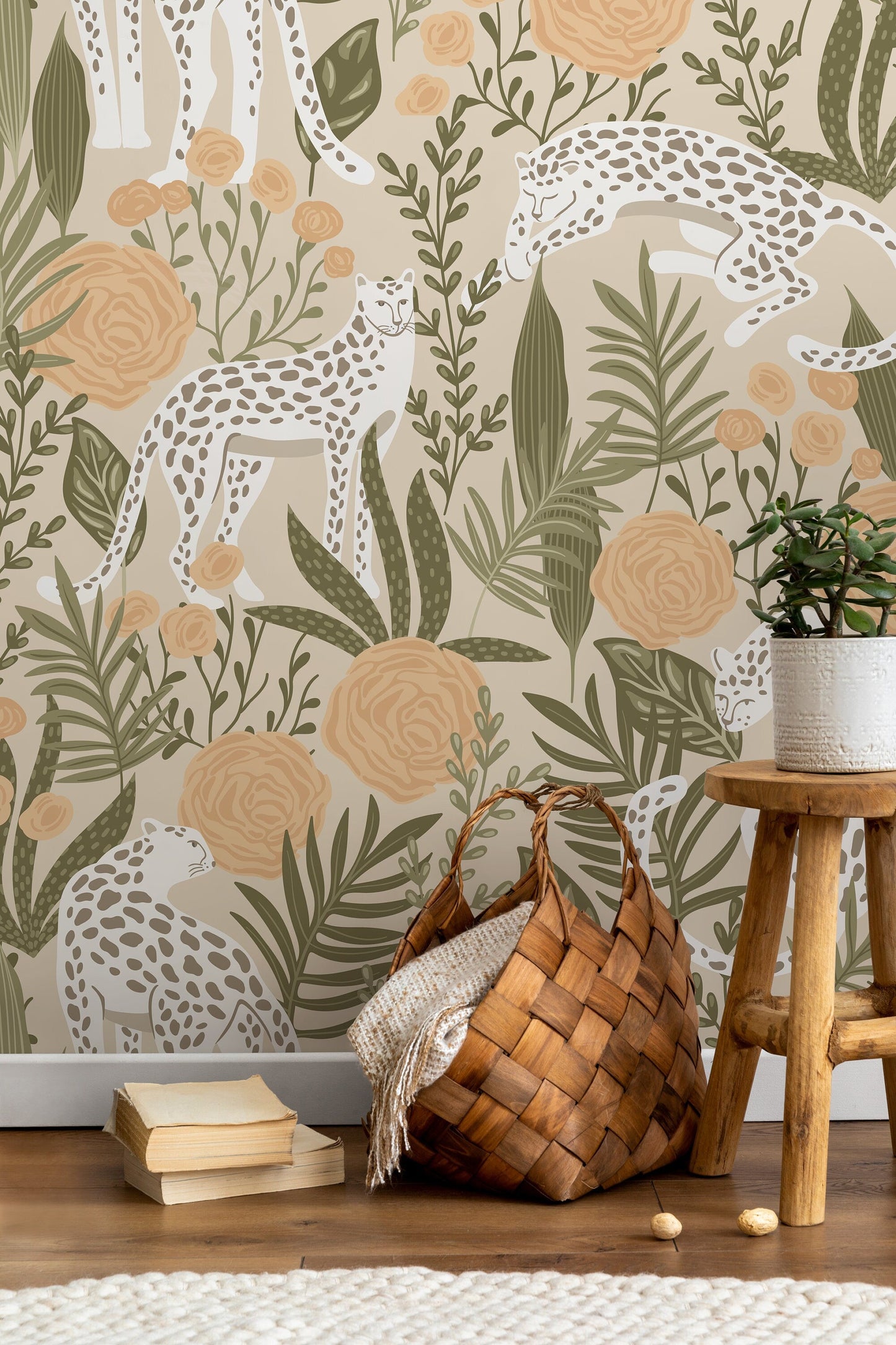 Boho Tiger and Floral Garden Wallpaper / Peel and Stick Wallpaper Removable Wallpaper Home Decor Wall Art Wall Decor Room Decor - D156