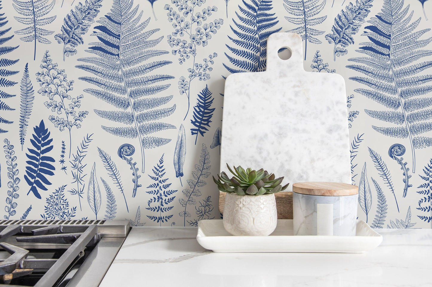 Blue Botanical Leaf Wallpaper / Peel and Stick Wallpaper Removable Wallpaper Home Decor Wall Art Wall Decor Room Decor - D067
