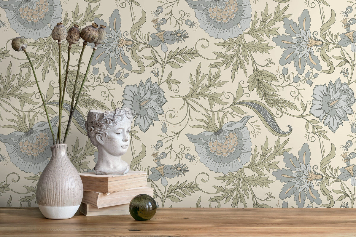 Green Floral Vintage Wallpaper / Peel and Stick Wallpaper Removable Wallpaper Home Decor Wall Art Wall Decor Room Decor - D273