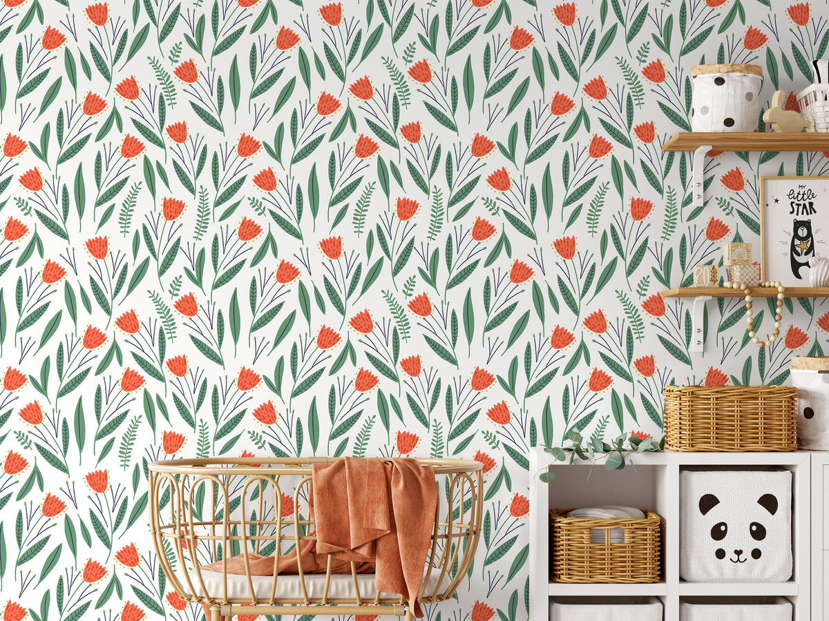 Floral and Leaf Wallpaper / Peel and Stick Wallpaper Removable Wallpaper Home Decor Wall Art Wall Decor Room Decor - D387