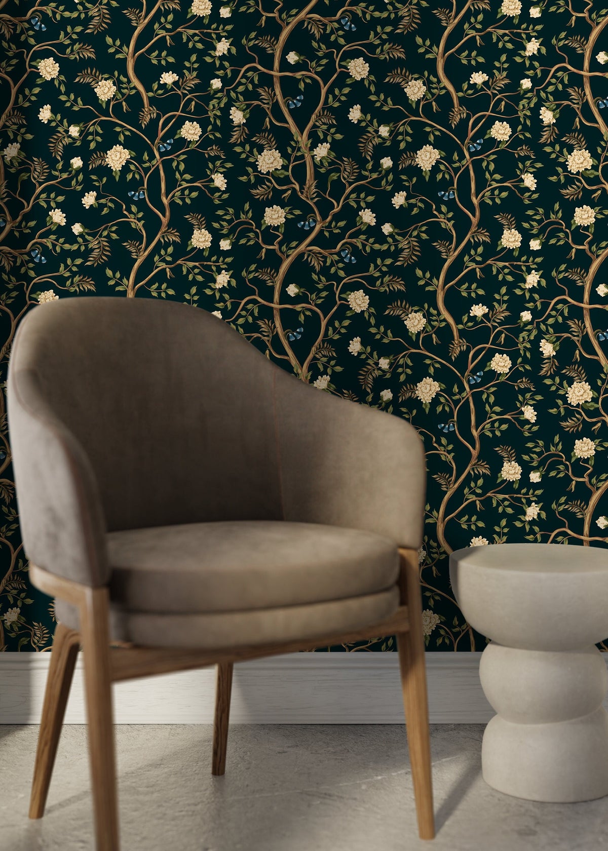 Dark Chinoiserie Garden Wallpaper / Peel and Stick Wallpaper Removable Wallpaper Home Decor Wall Art Wall Decor Room Decor - D501