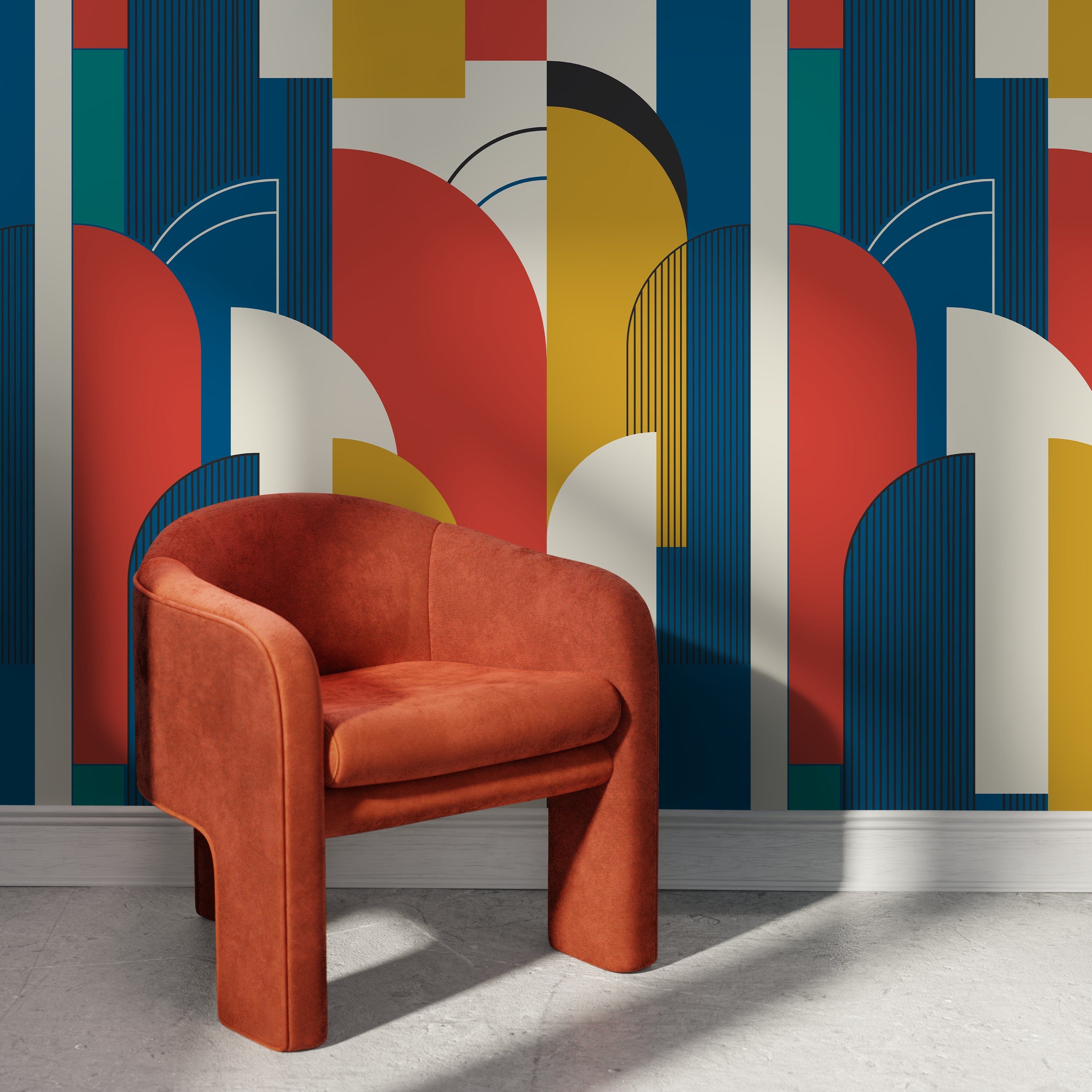 Art Deco Wallpaper in Blue & Red | Removable Wall Decor – ONDECOR.COM