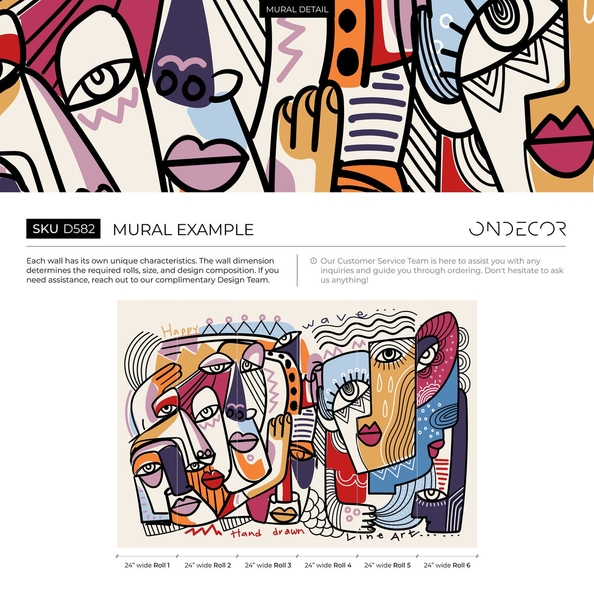 Colorful Abstract Mural Line Art Faces Wallpaper Hand Drawing Wallpaper Peel and Stick Wallpaper Home Decor - D582