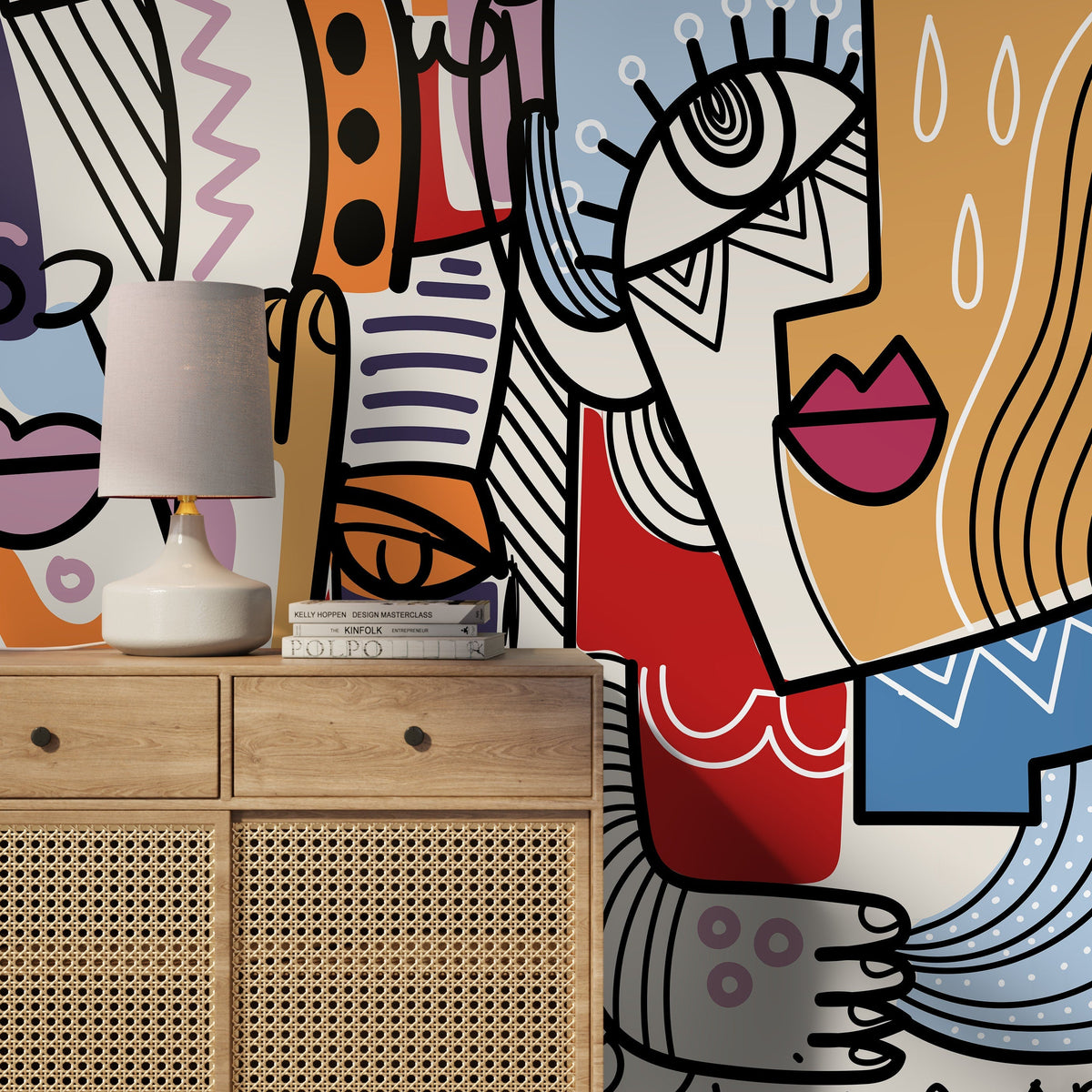 Colorful Abstract Mural Line Art Faces Wallpaper Hand Drawing Wallpaper Peel and Stick Wallpaper Home Decor - D582