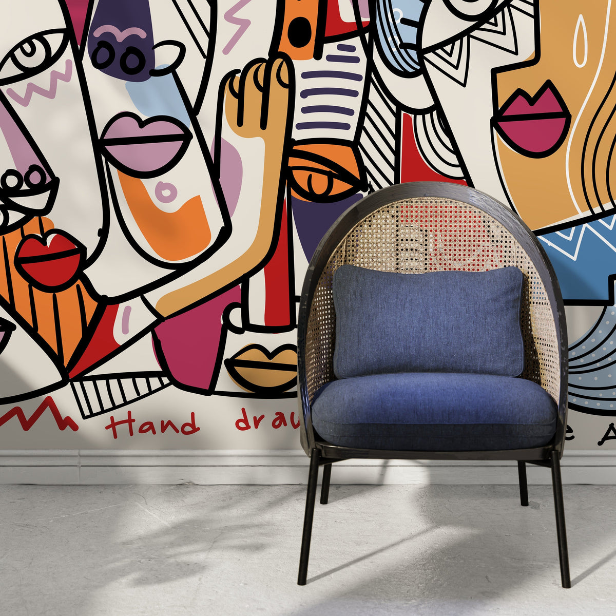 Colorful Abstract Mural Line Art Faces Wallpaper Hand Drawing Wallpaper Peel and Stick Wallpaper Home Decor - D582