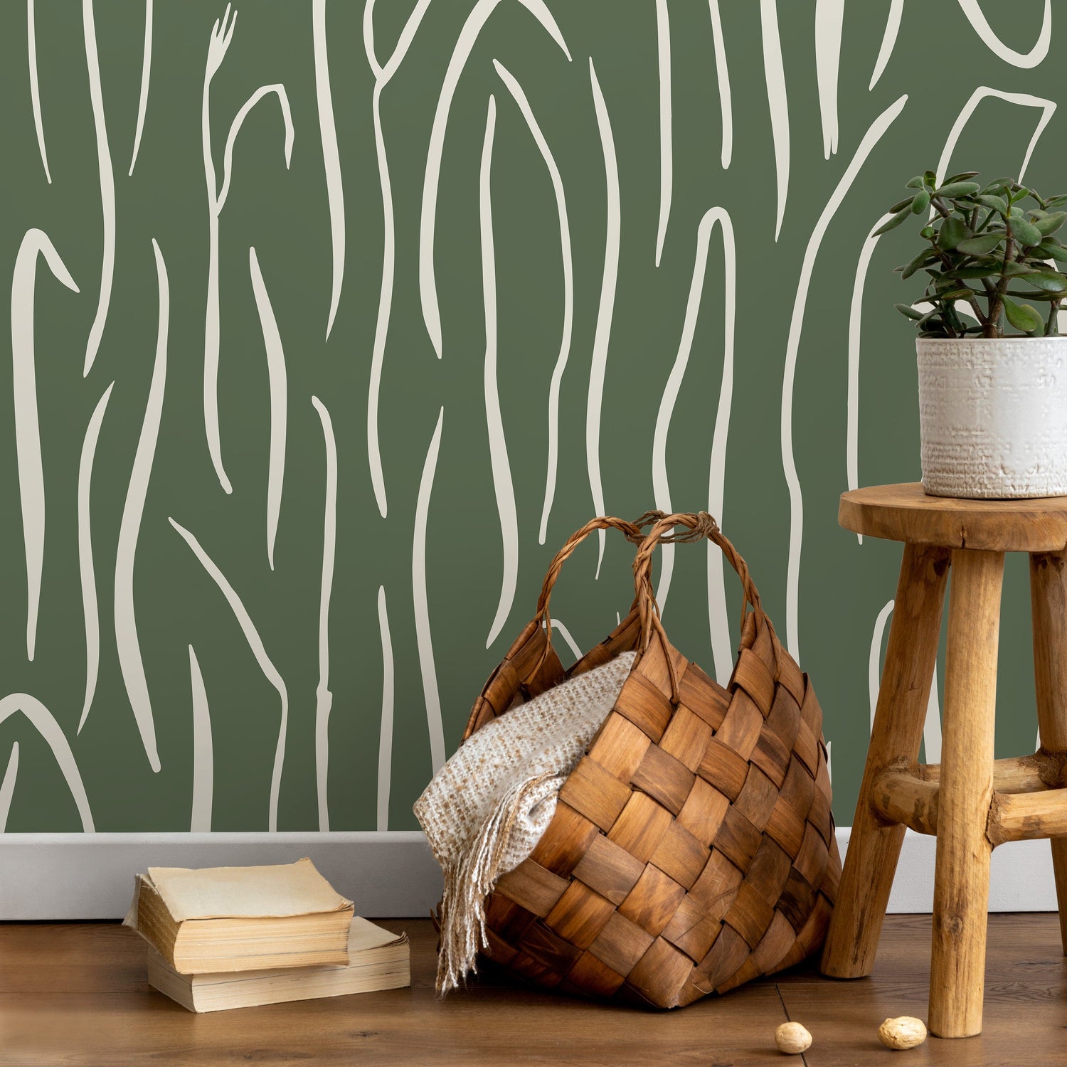 Green Abstract Leaf Wallpaper Boho Wallpaper Peel and Stick and Traditional Wallpaper - D619