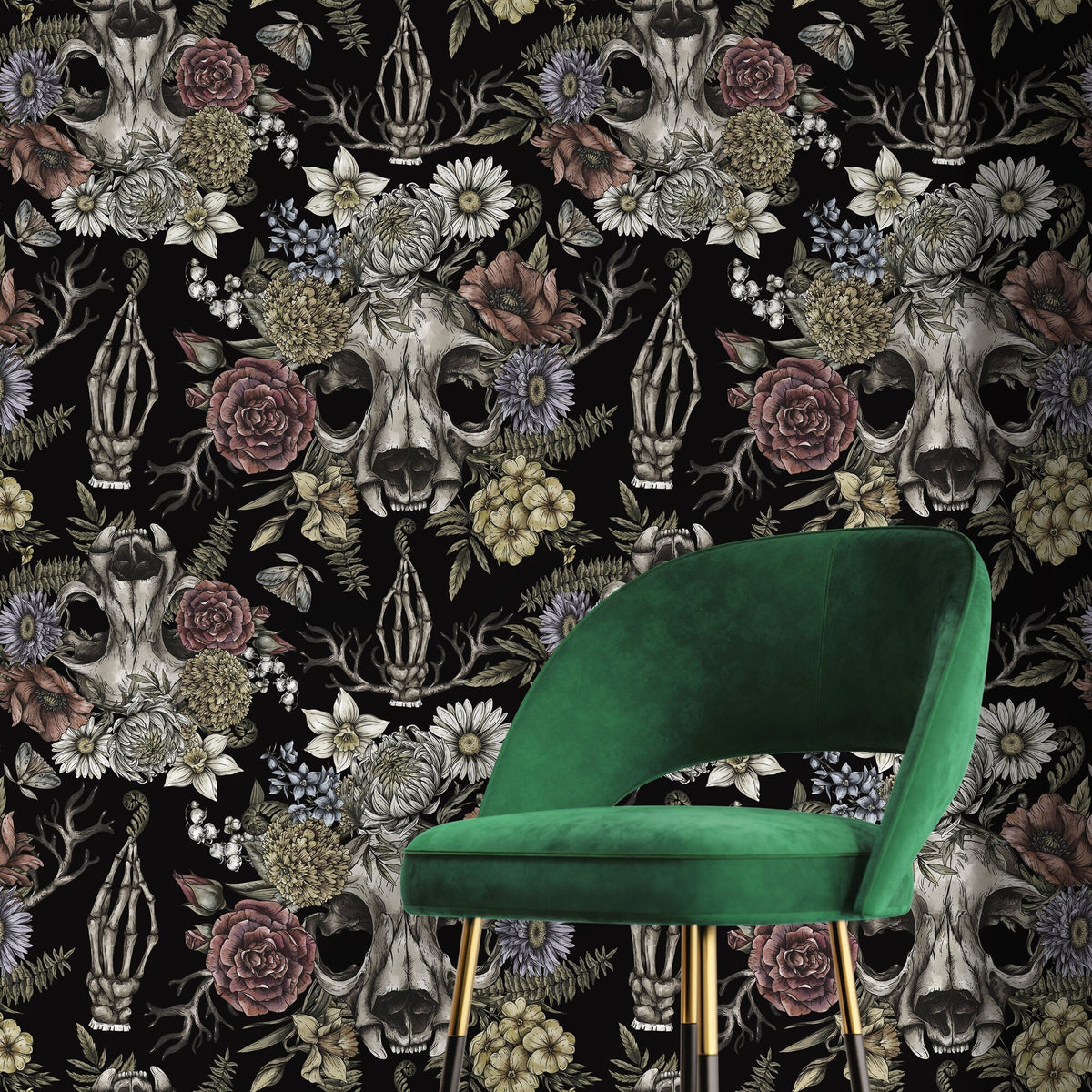 Gothic and Floral Wallpaper Skull and Peony Wallpaper Peel and Stick and Traditional Wallpaper - D832