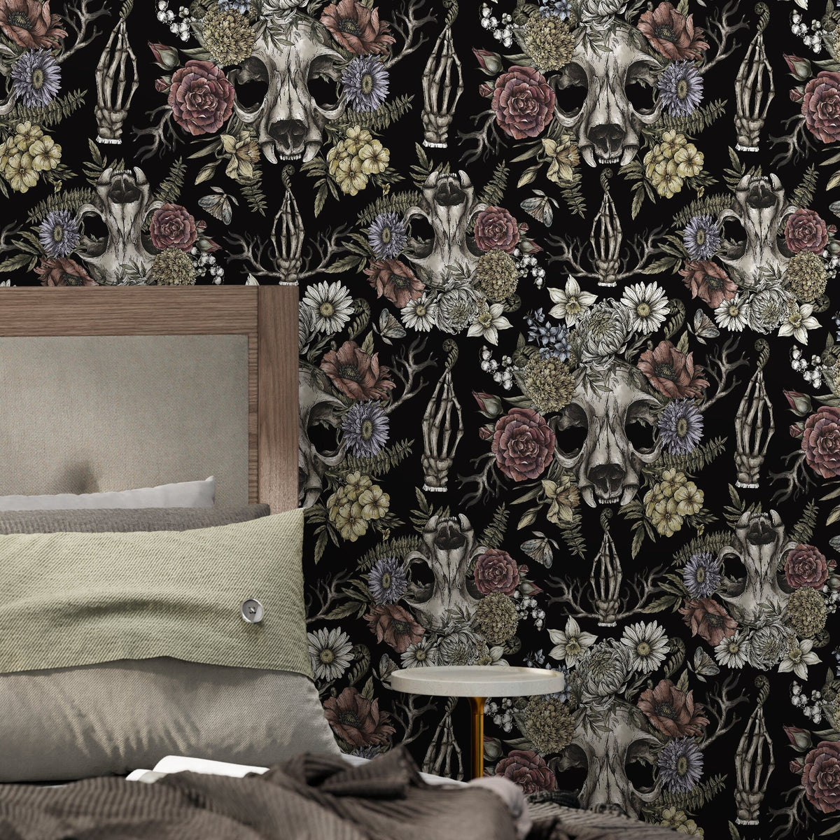 Gothic and Floral Wallpaper Skull and Peony Wallpaper Peel and Stick and Traditional Wallpaper - D832