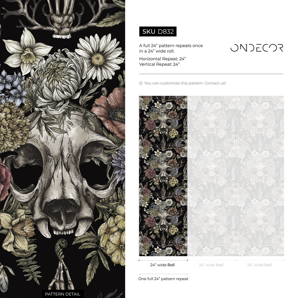 Gothic and Floral Wallpaper Skull and Peony Wallpaper Peel and Stick and Traditional Wallpaper - D832