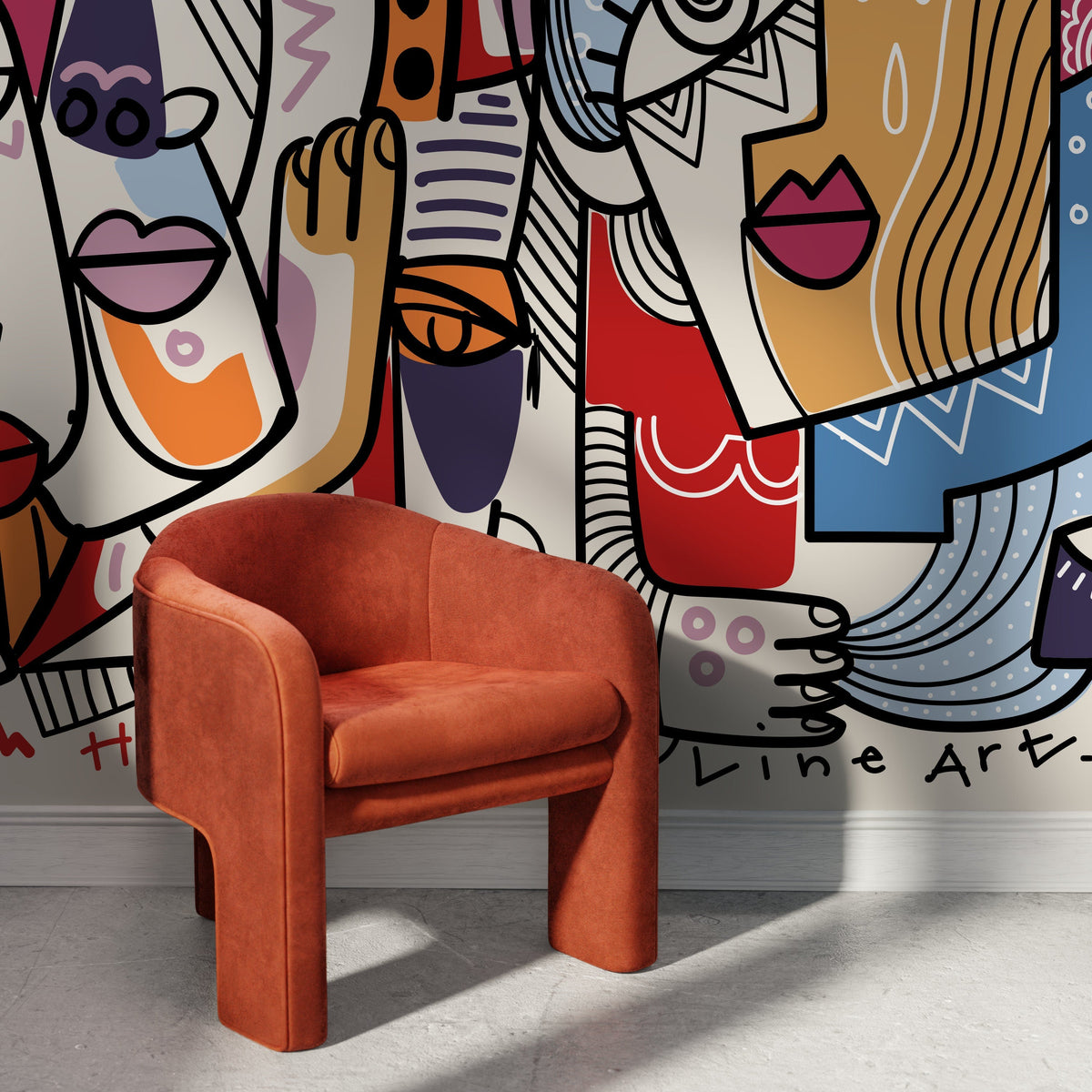 Colorful Abstract Mural Line Art Faces Wallpaper Hand Drawing Wallpaper Peel and Stick Wallpaper Home Decor - D582
