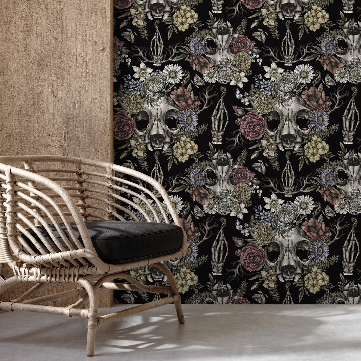 Gothic and Floral Wallpaper Skull and Peony Wallpaper Peel and Stick and Traditional Wallpaper - D832
