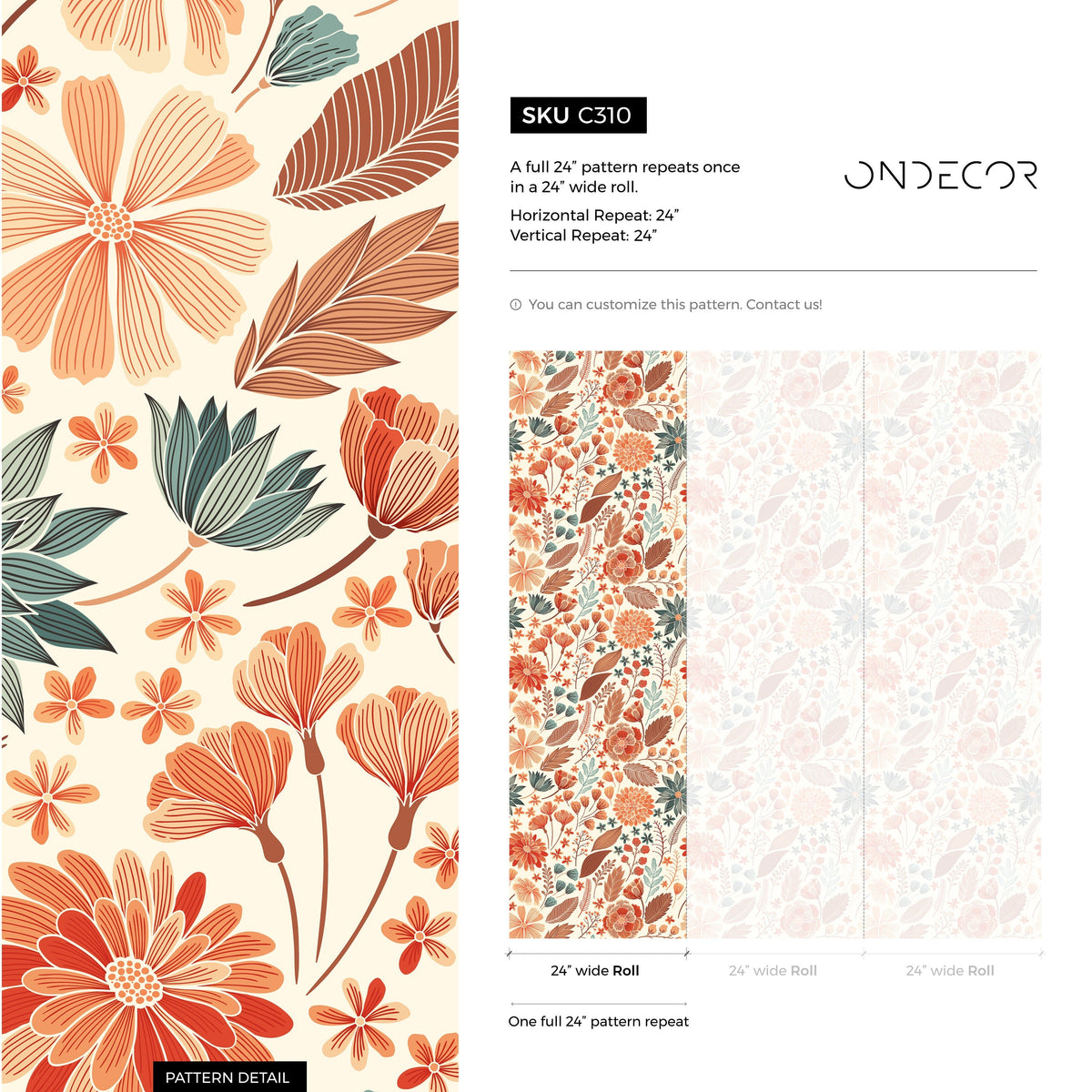 Wallpaper Peel and Stick Wallpaper Removable Wallpaper Home Decor Wall Art Wall Decor Room Decor / Orange Floral Drawing Wallpaper - C310