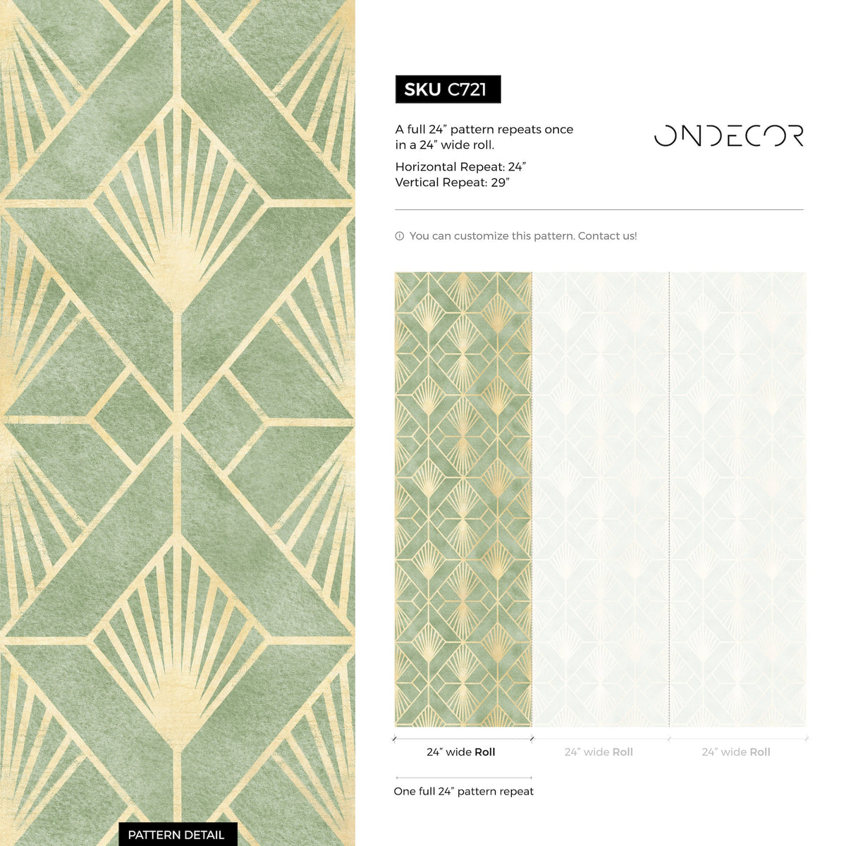 Green and Gold Art Deco Wallpaper / Peel and Stick Wallpaper Removable Wallpaper Home Decor Wall Art Wall Decor Room Decor - C721