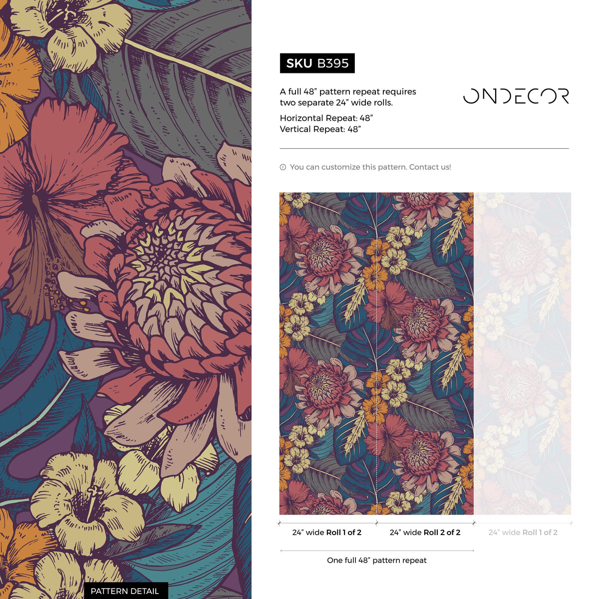 Wallpaper Peel and Stick Wallpaper Removable Wallpaper Home Decor Wall Art Wall Decor Room Decor/ Tropical Leaves and Flower Wallpaper -B395