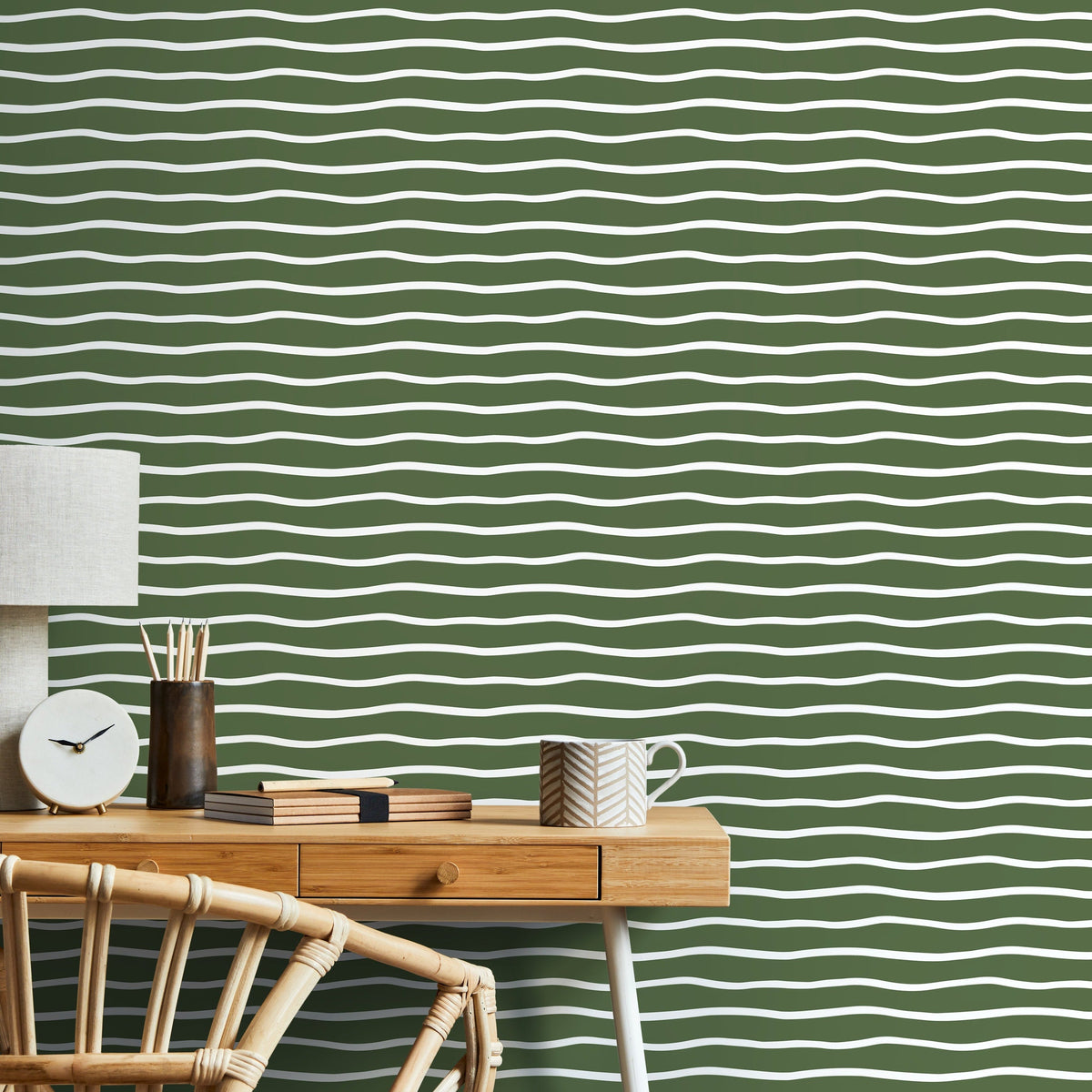 Dark Green Minimalist Lines Wallpaper Boho Wallpaper Peel and Stick and Traditional Wallpaper - D750