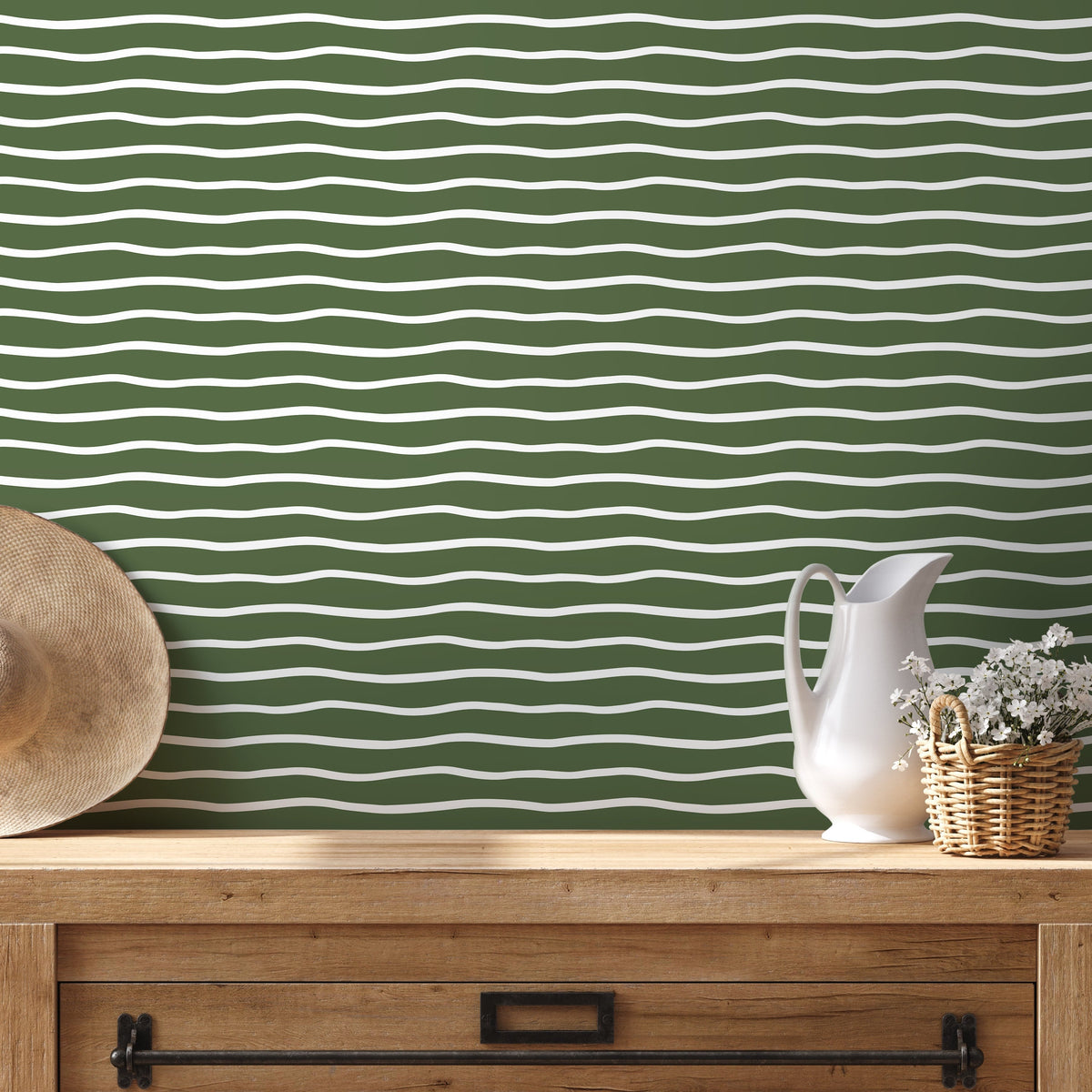 Dark Green Minimalist Lines Wallpaper Boho Wallpaper Peel and Stick and Traditional Wallpaper - D750