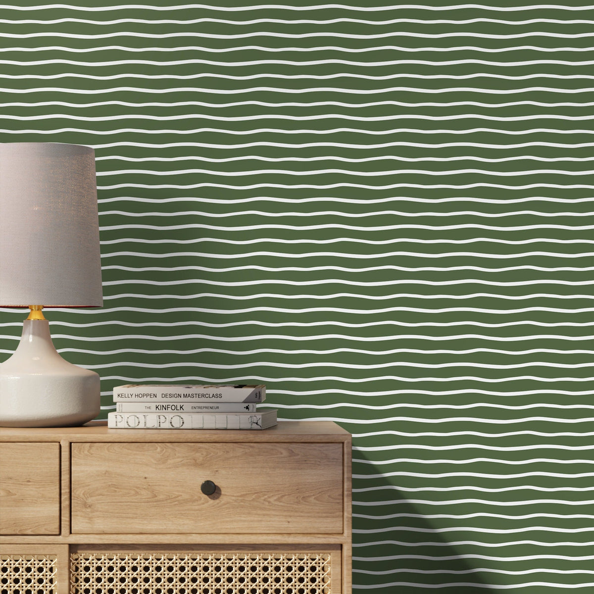 Dark Green Minimalist Lines Wallpaper Boho Wallpaper Peel and Stick and Traditional Wallpaper - D750