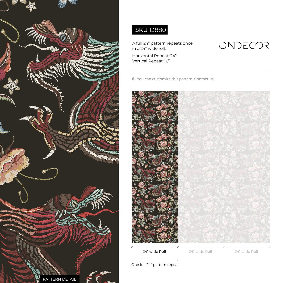Dragon and Roses Wallpaper Chinoiserie Wallpaper Peel and Stick and Traditional Wallpaper - D880