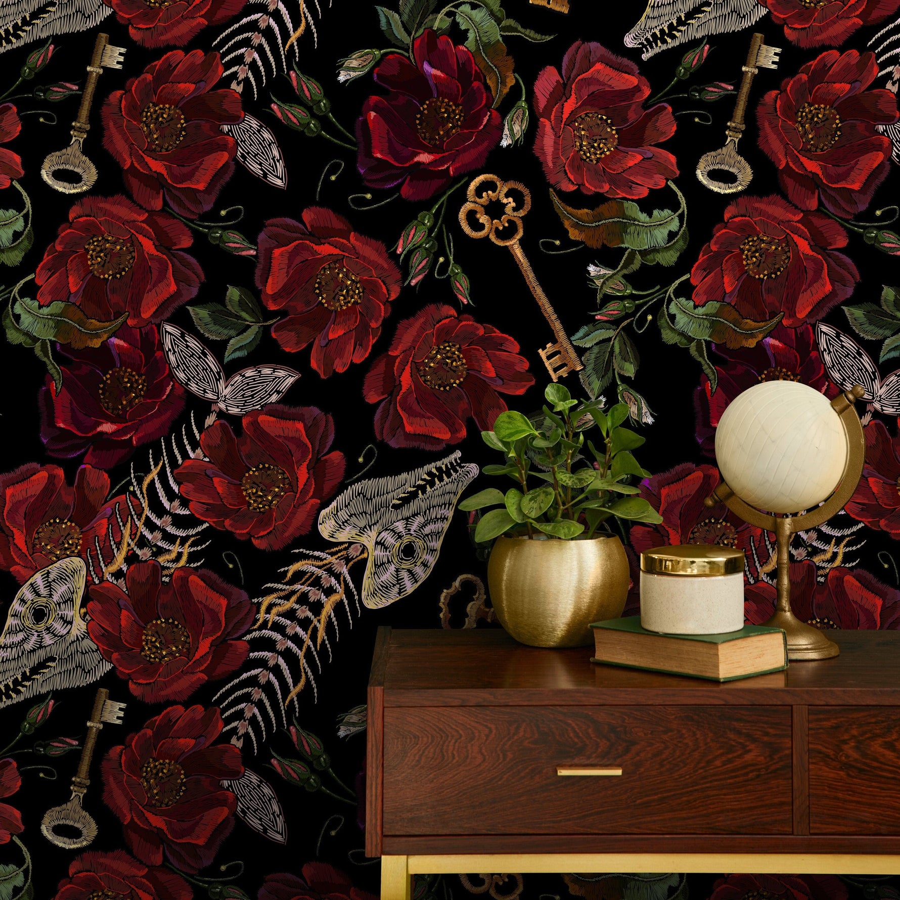 Dark Floral Wallpaper Gothic Maximalist Wallpaper Peel and Stick and Traditional Wallpaper - D918