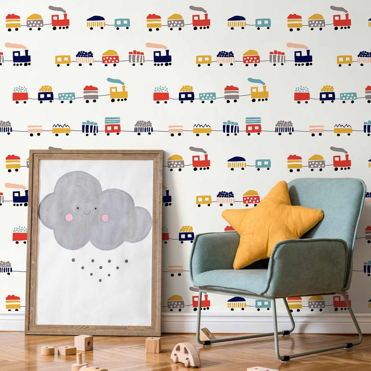 Kids Train Wallpaper Nursery Room Decor Playroom Decor Peel and Stick Wallpaper - A328