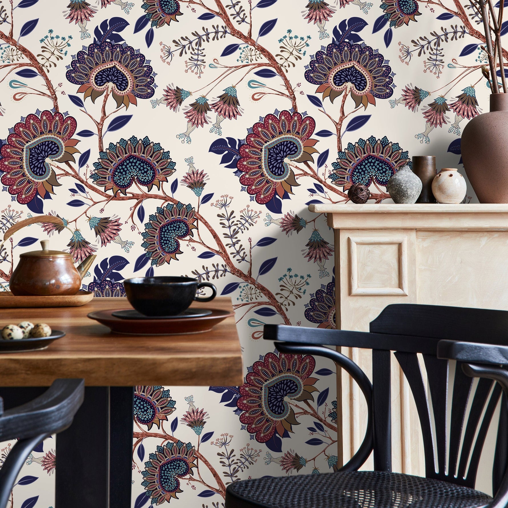 Boho Floral Wallpaper Vintage Garden Wallpaper Peel and Stick and Traditional Wallpaper - A916