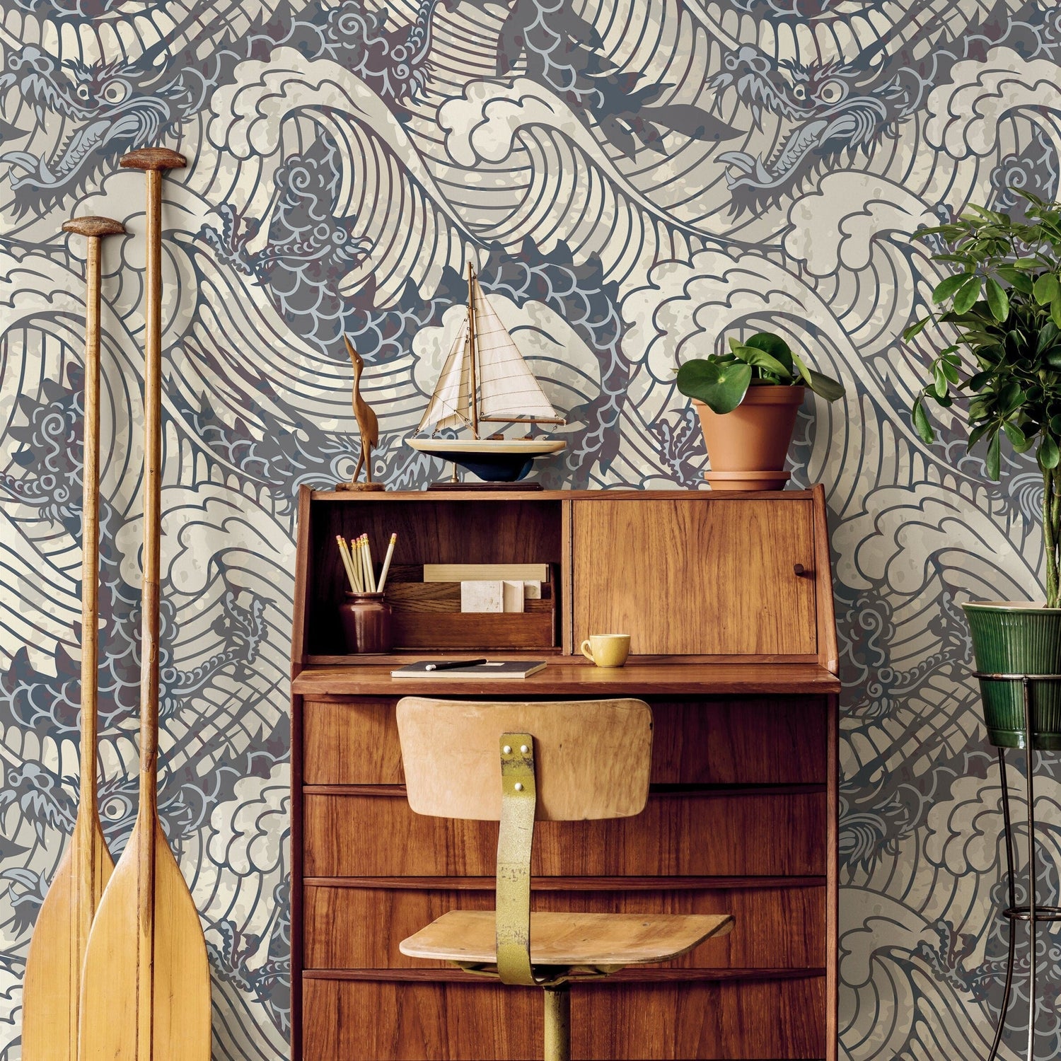 Dragon Waves Wallpaper - Removable Wallpaper Peel and Stick Wallpaper Wall Paper - B257