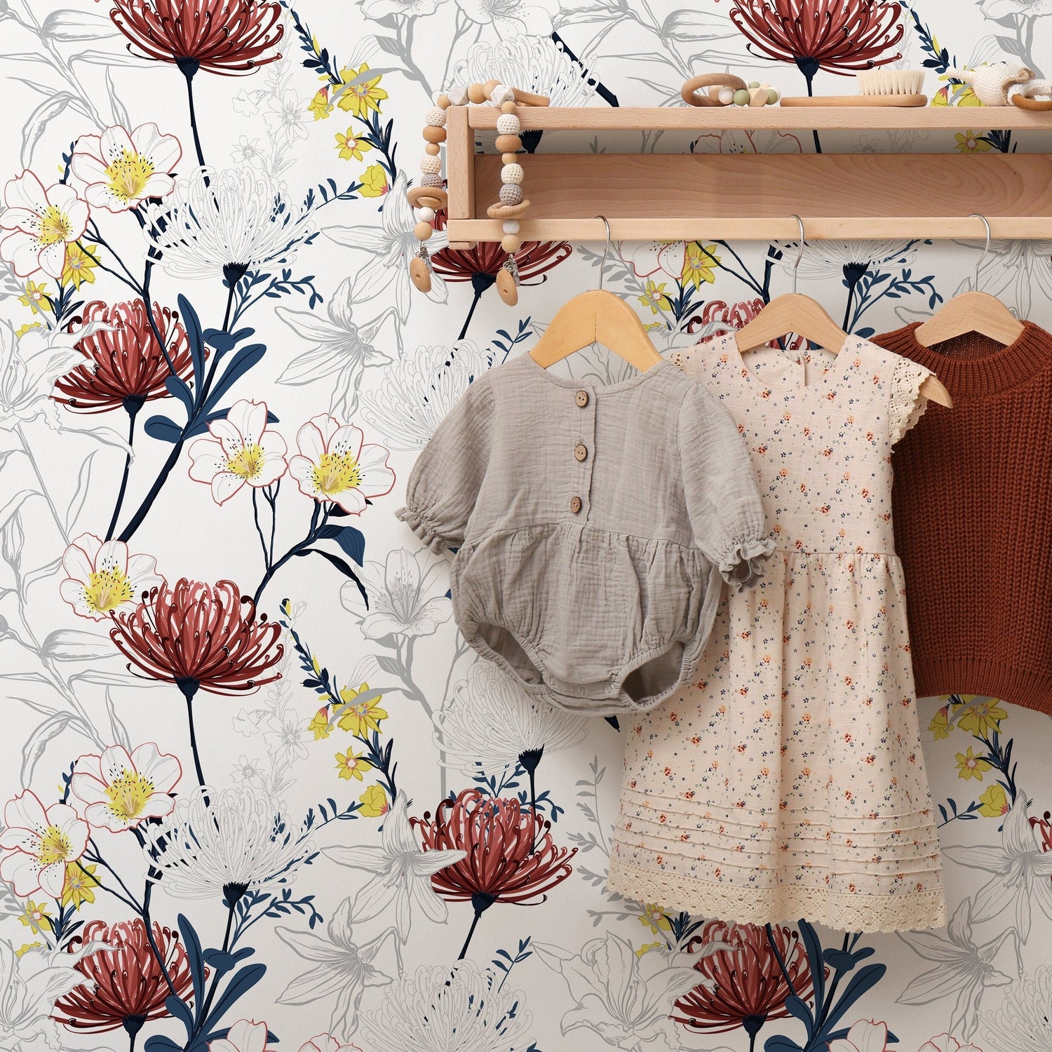Outline Tropical Flowers Wallpaper - Removable Wallpaper Peel and Stick Wallpaper Wall Paper Wall Mural - B432