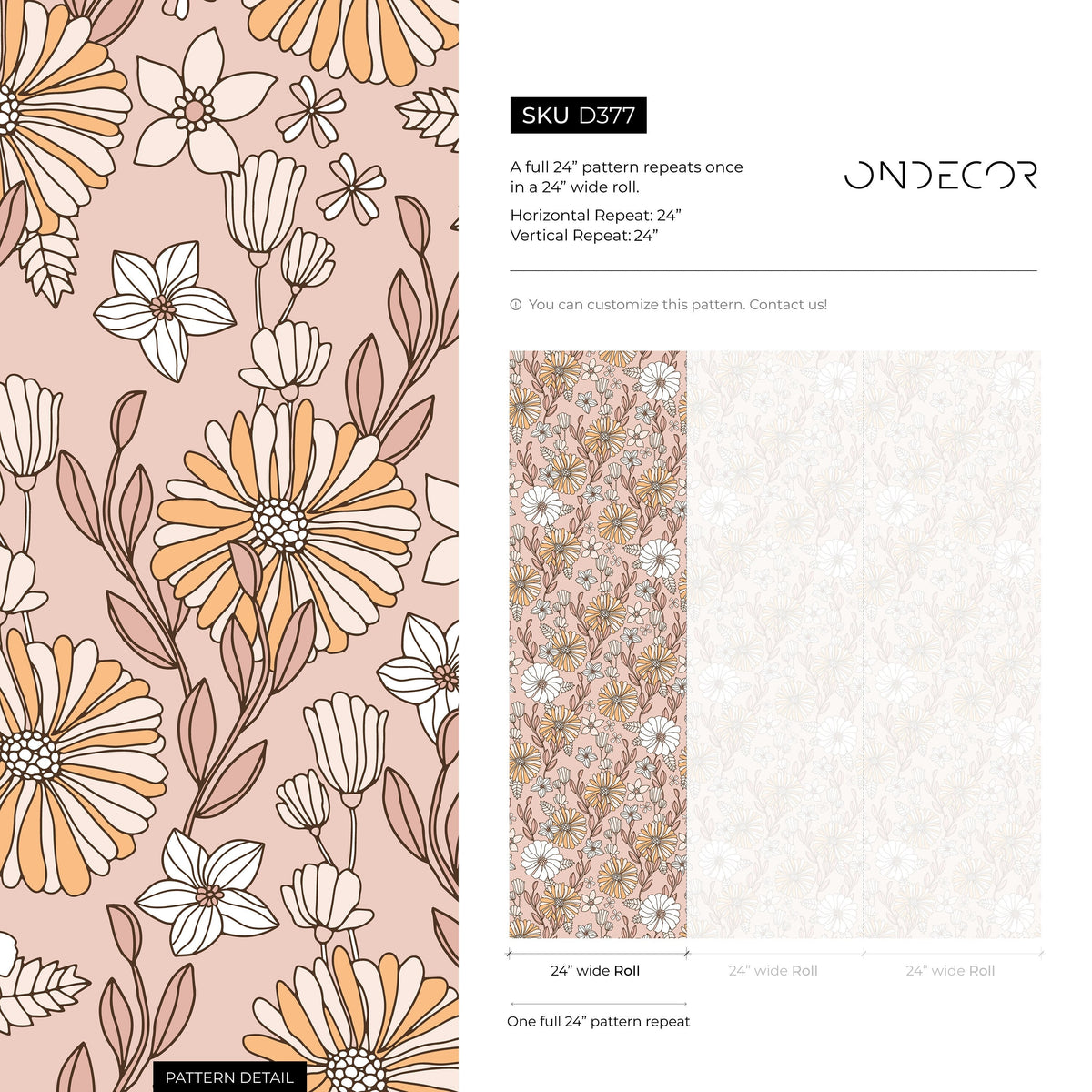 Pink Boho Floral Wallpaper / Peel and Stick Wallpaper Removable Wallpaper Home Decor Wall Art Wall Decor Room Decor - D377