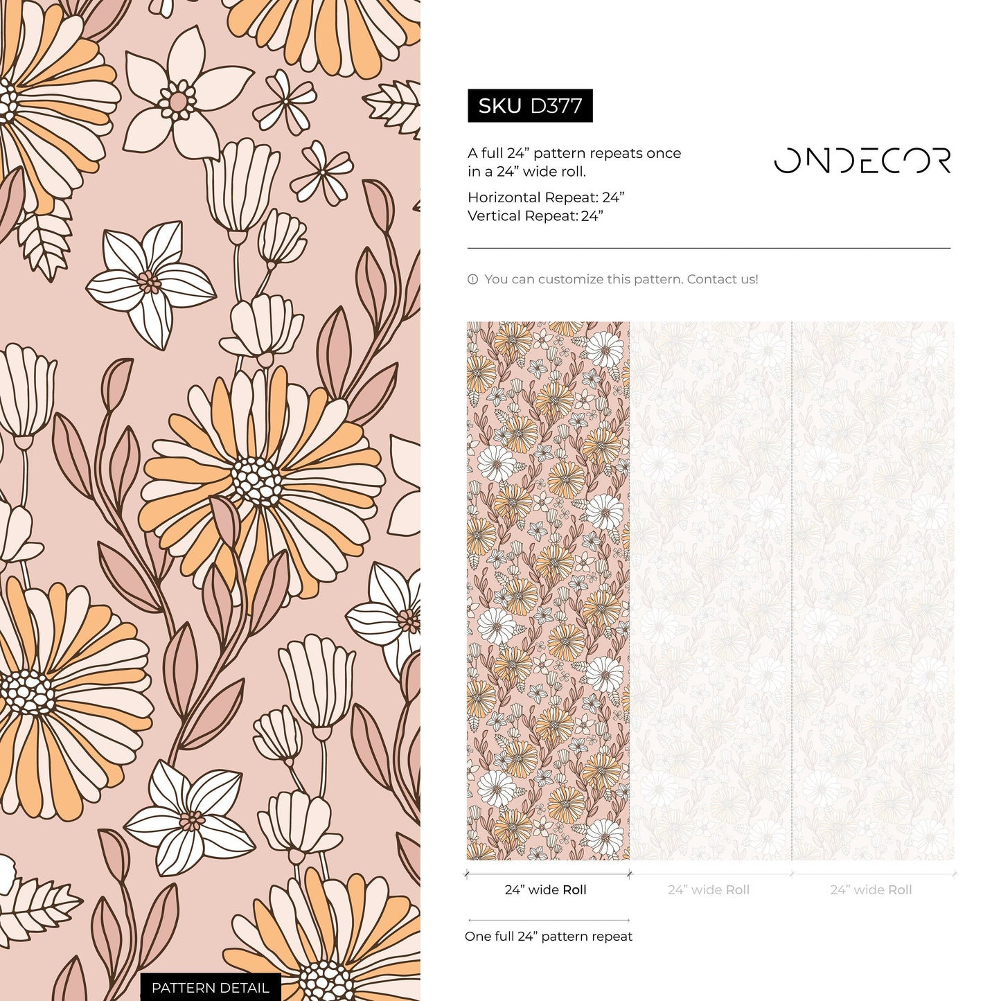 Pink Boho Floral Wallpaper / Peel and Stick Wallpaper Removable Wallpaper Home Decor Wall Art Wall Decor Room Decor - D377