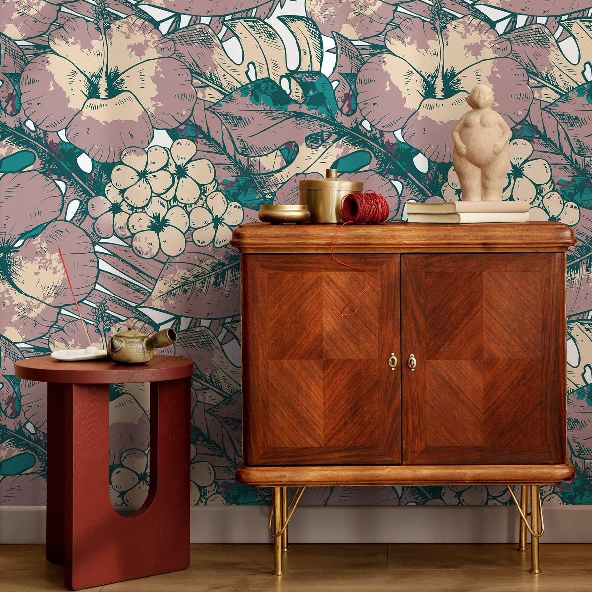Hawaiian Flat Flowers and Leaves Wallpaper - Removable Wallpaper Peel and Stick Wallpaper Wall Paper - B355